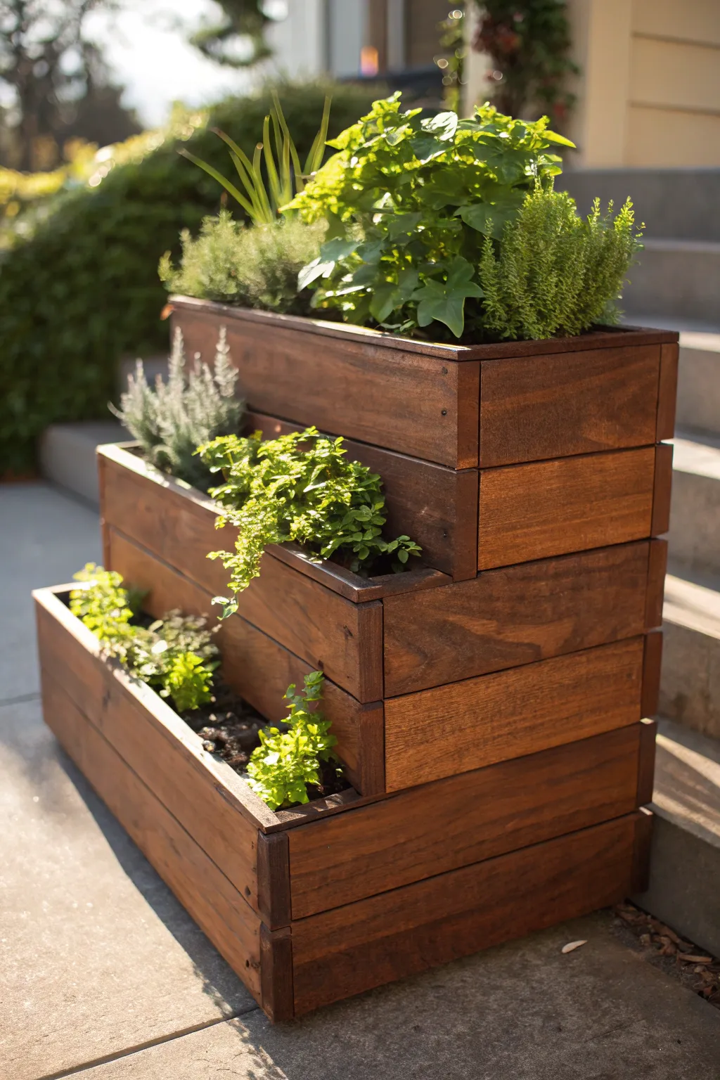 Elevate your garden with a tiered wooden planter that combines craftsmanship with natural beauty.