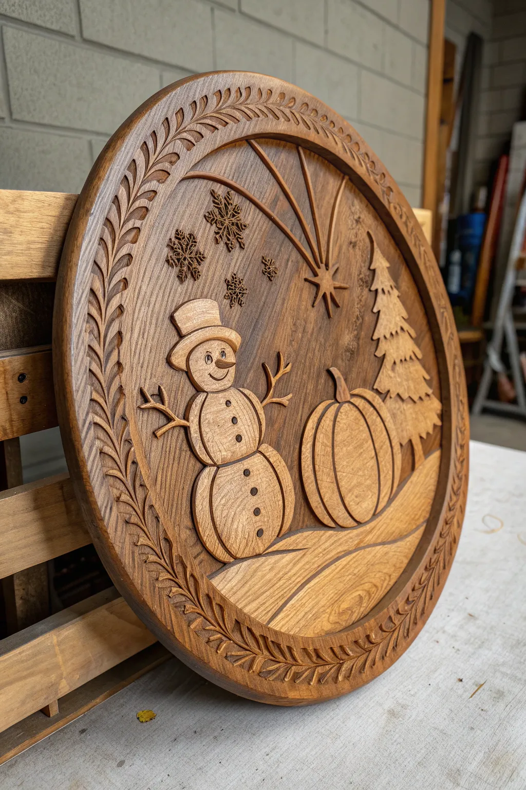 Elevate your seasonal decor with this masterfully crafted reversible wood round.