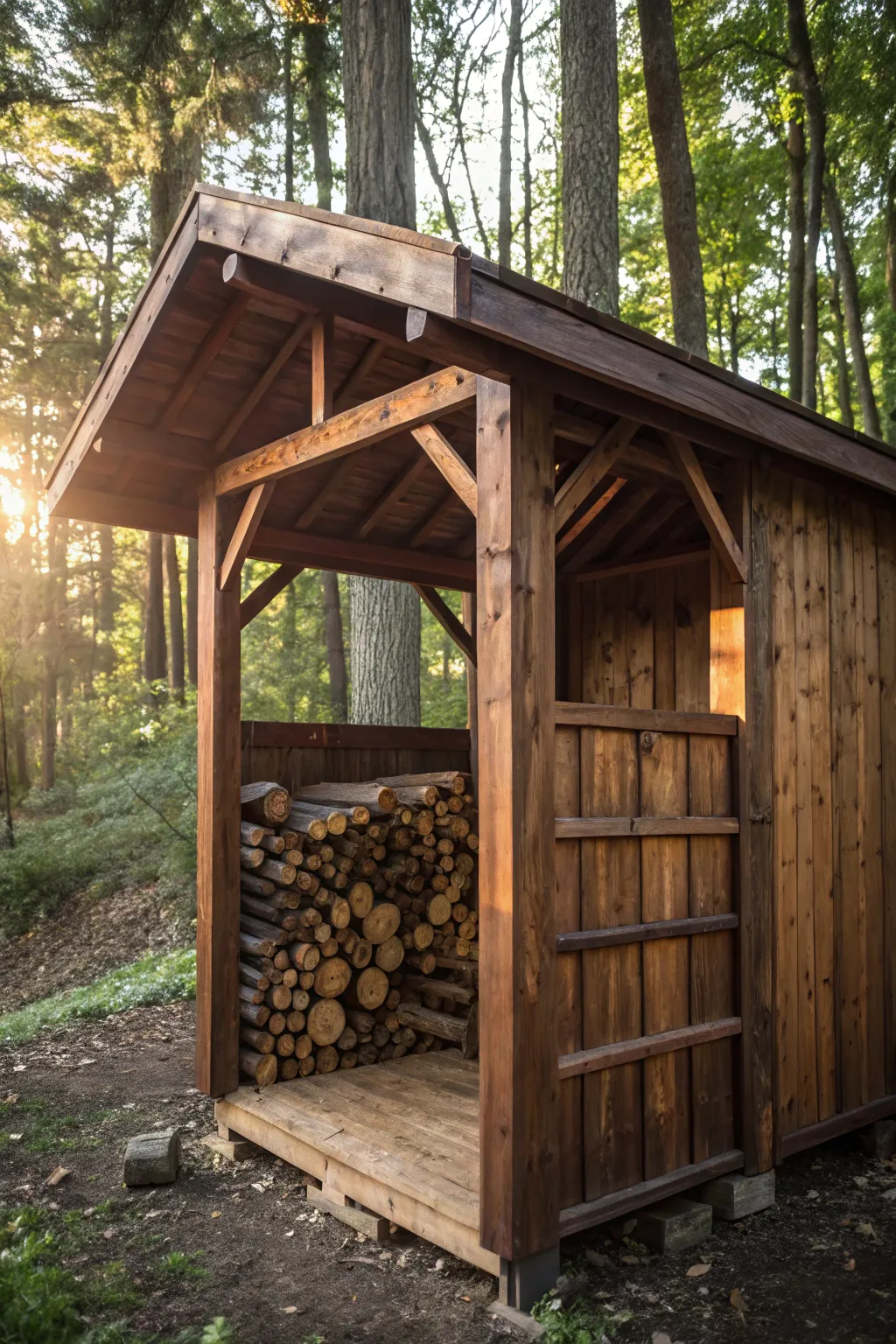 Elevate your wood storage with this artisanal open-walled canopy shed—where style meets functionality.