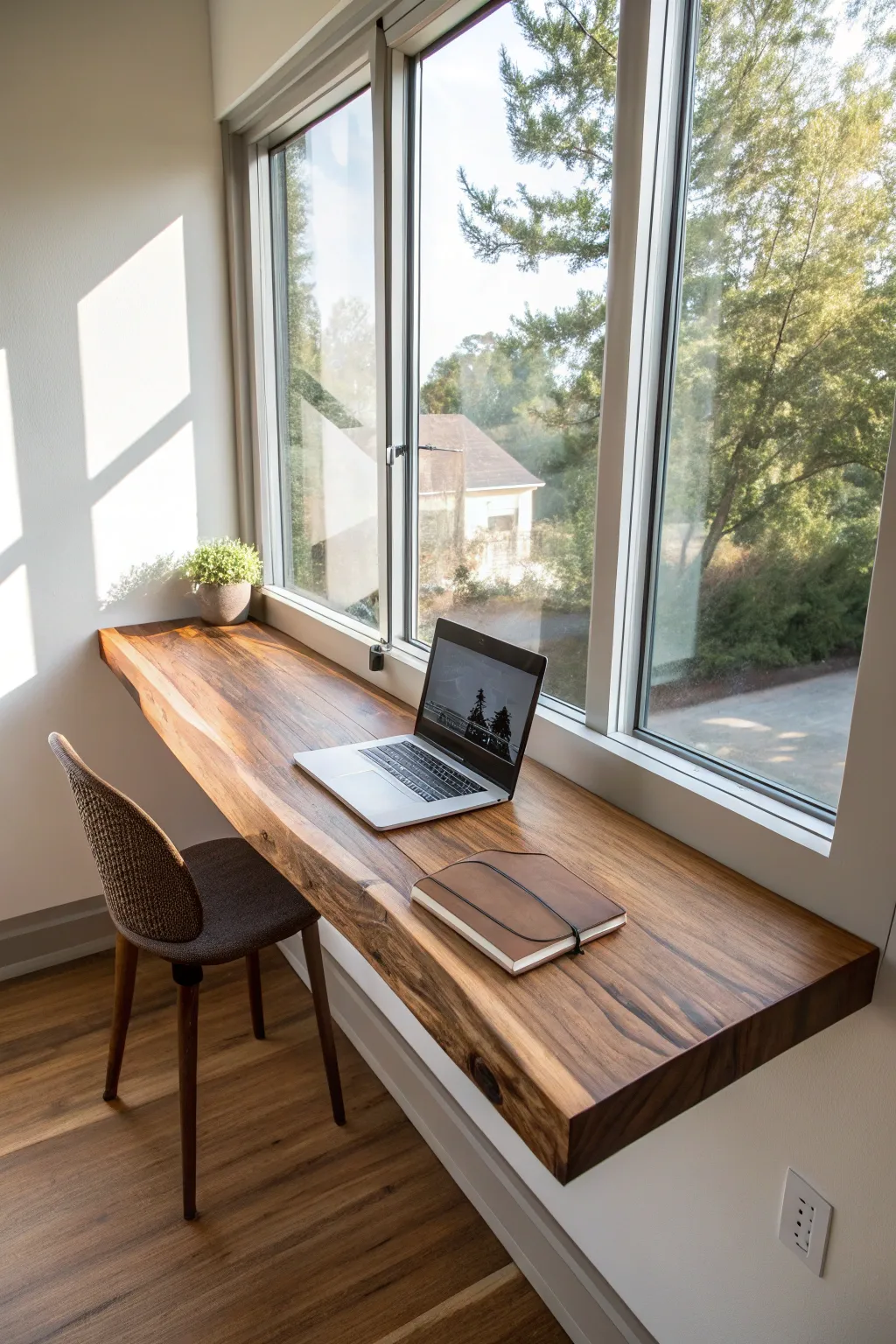 Elevate your workspace with a stunning walnut floating window desk, where craftsmanship meets sunlight.