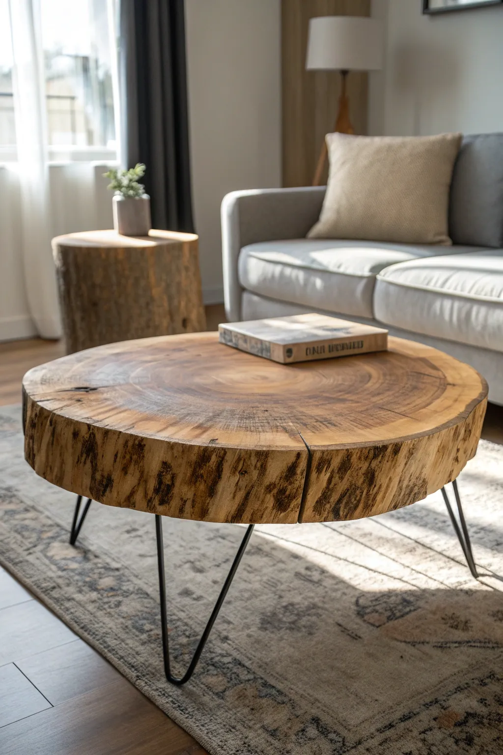 Rustic elegance meets modern design in this handcrafted wood slab coffee table.