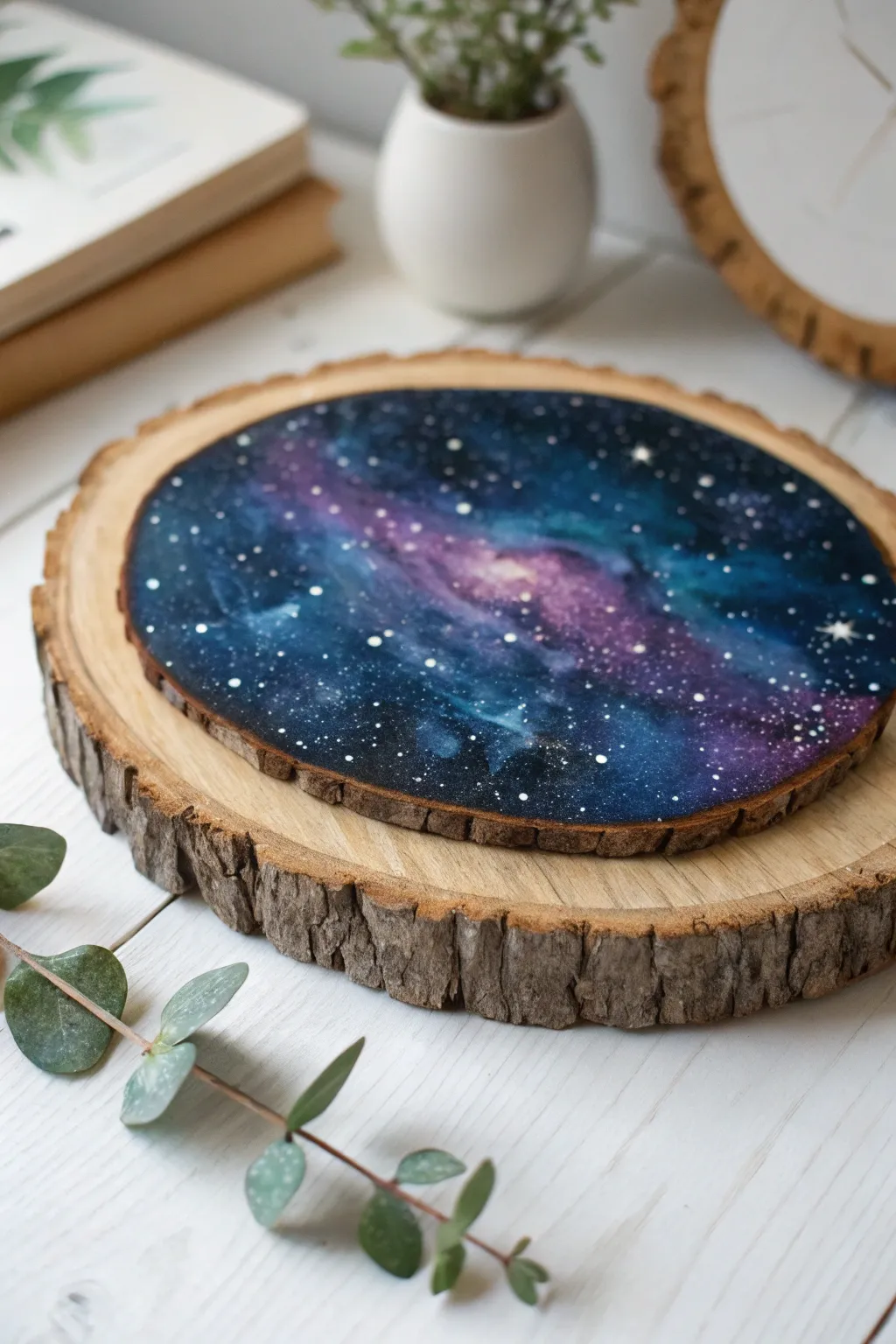 Capture the cosmos on a canvas of nature with this galaxy wood slice masterpiece.
