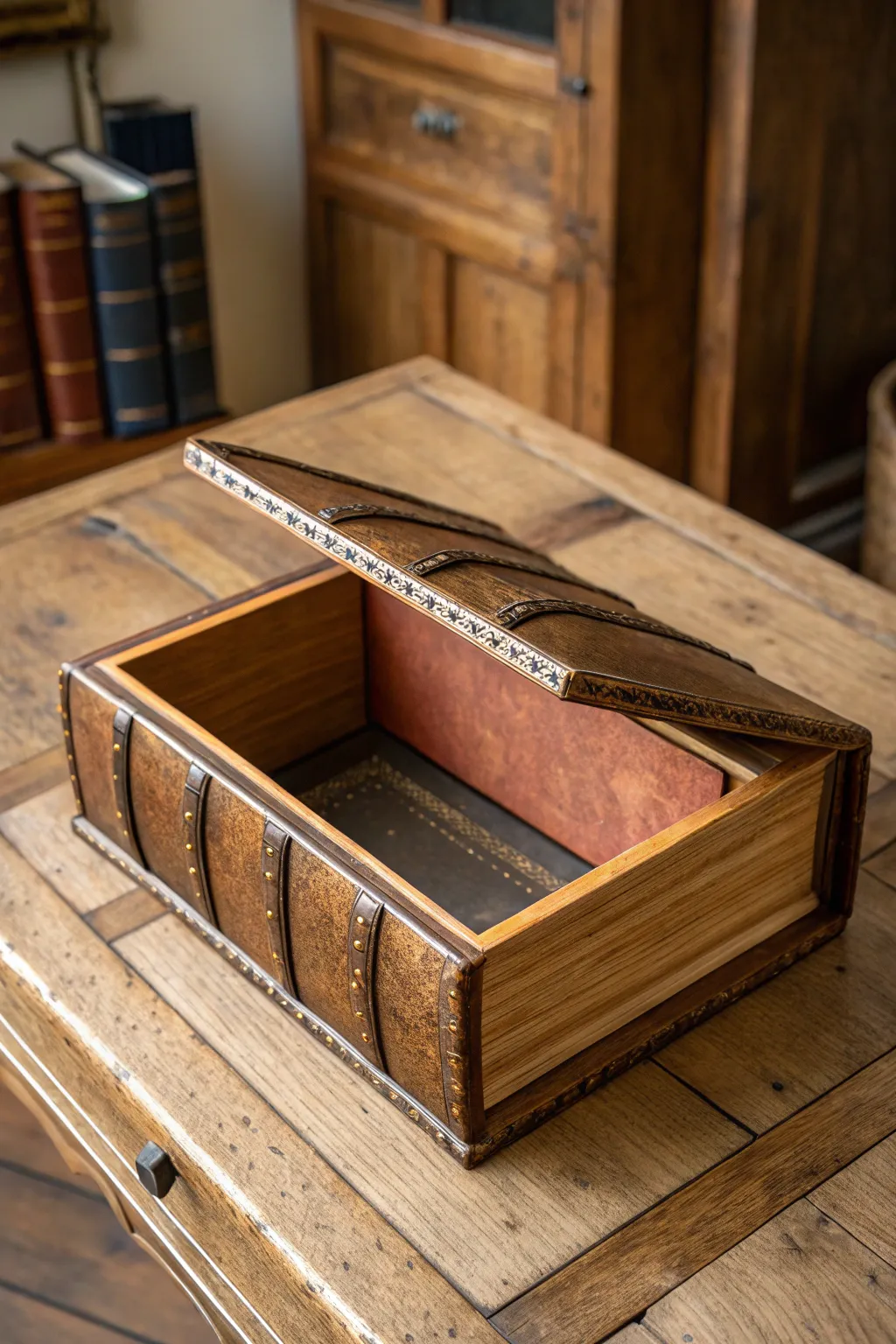 Unveil hidden secrets with this expertly crafted wooden book box.