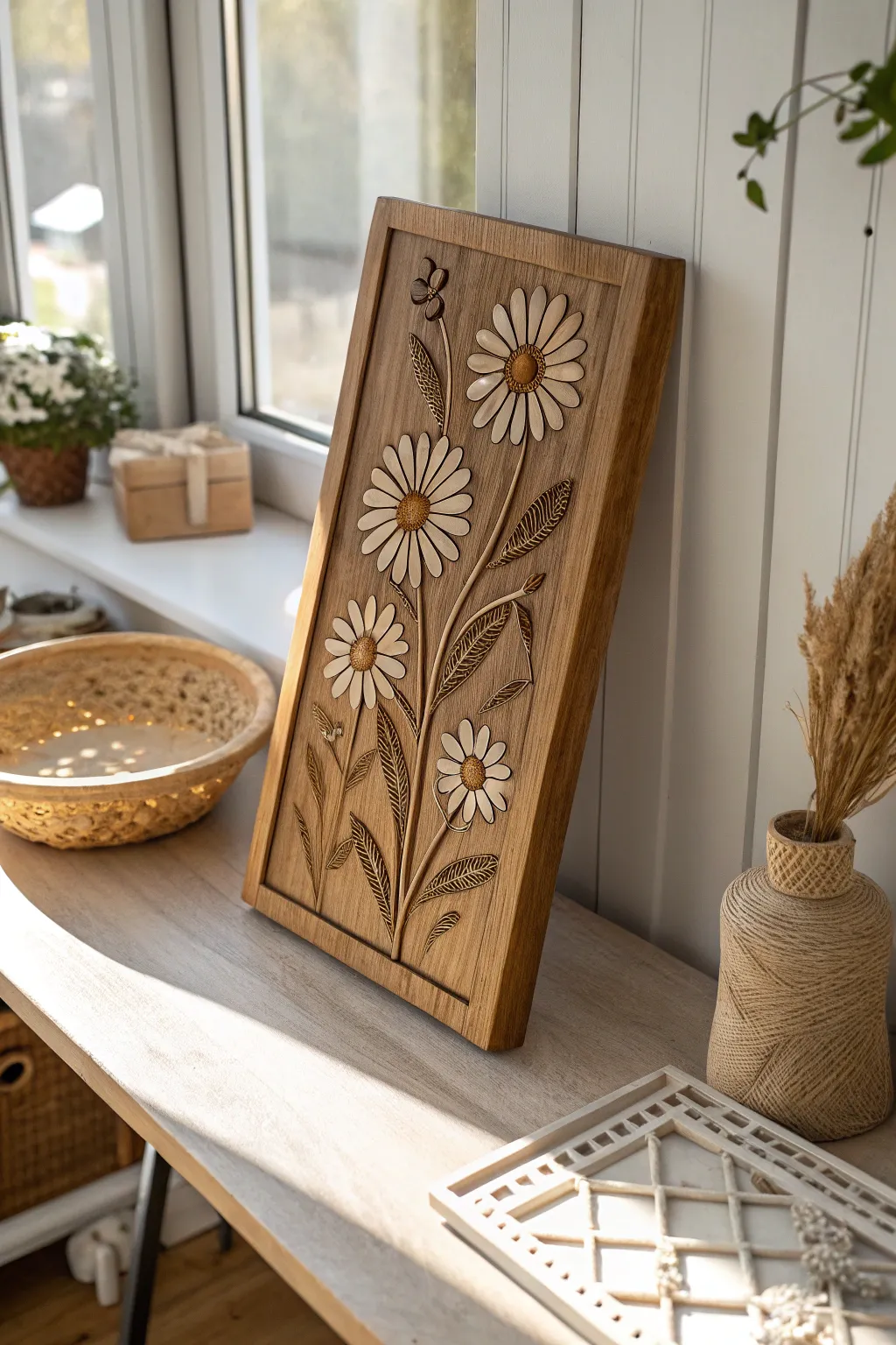 Elevate your space with the natural elegance of floral wood engravings.