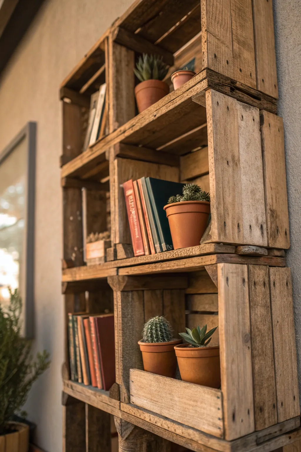 Elevate your space with rustic charm: handcrafted wooden crate bookshelves.
