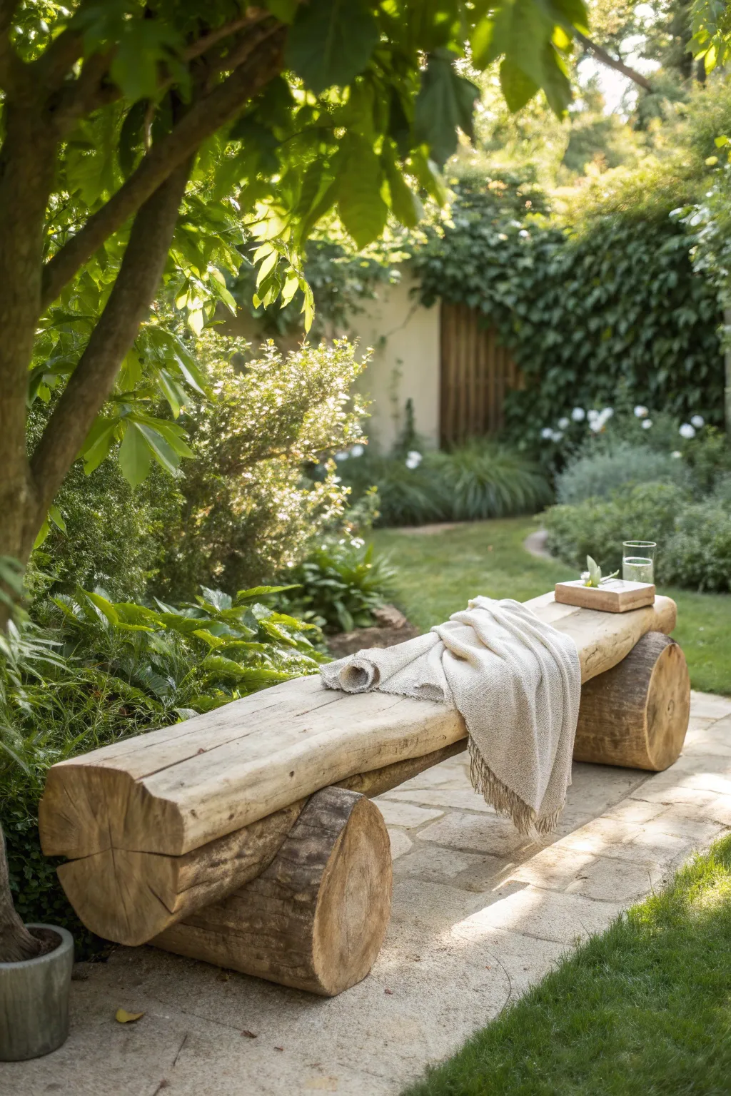Embrace nature with this handcrafted log bench, your perfect garden retreat.