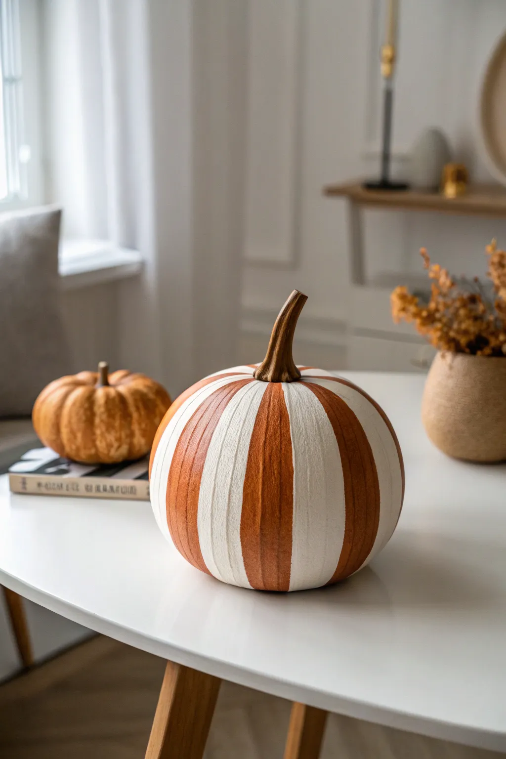 Elevate your decor with chic striped wooden pumpkins for a modern, minimalist touch.