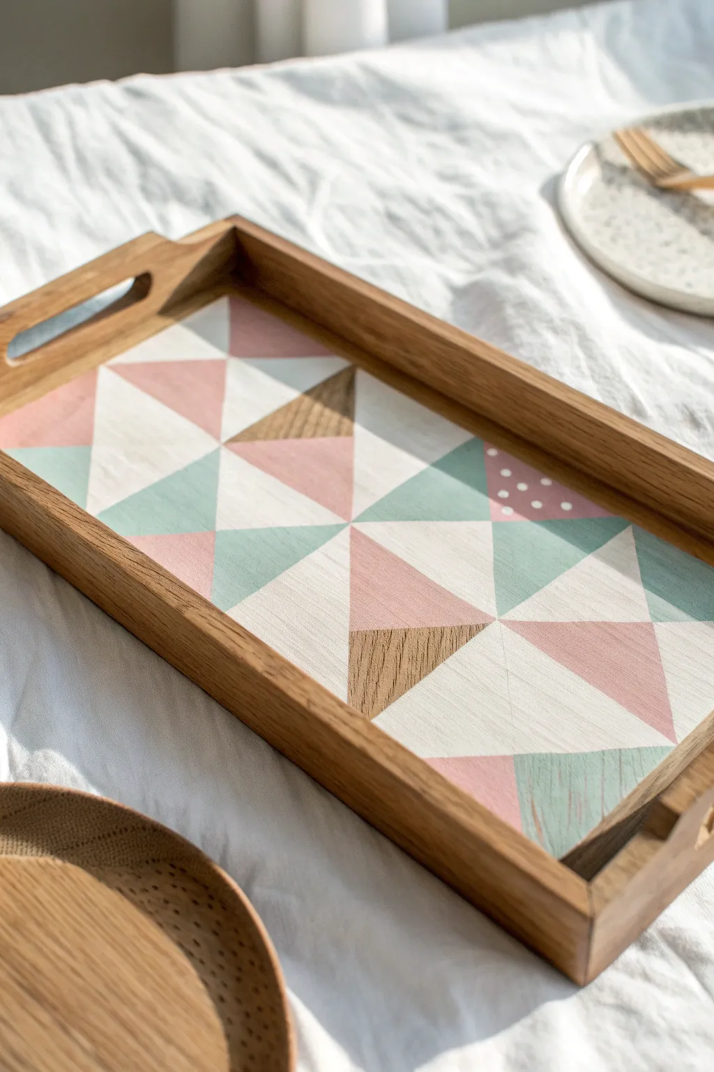 Elevate your space with a touch of geometric glam—hand-painted wooden tray designs that blend simplicity with sophistication.