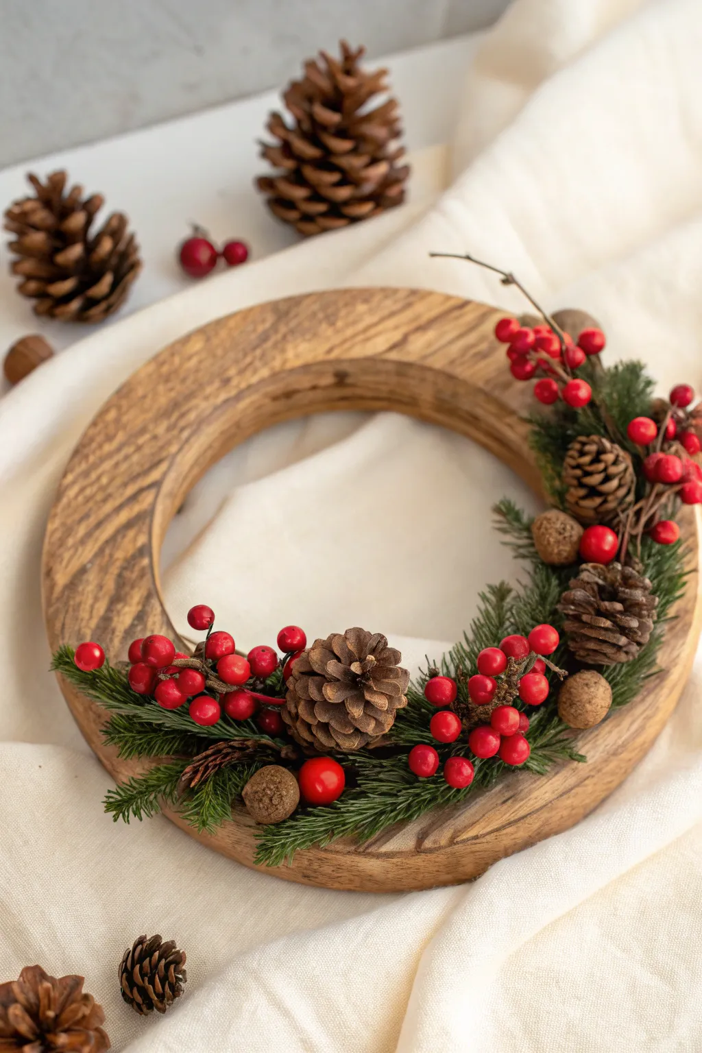 Embrace Seasonal Charm: A minimalist wooden wreath adorned with winter's finest.