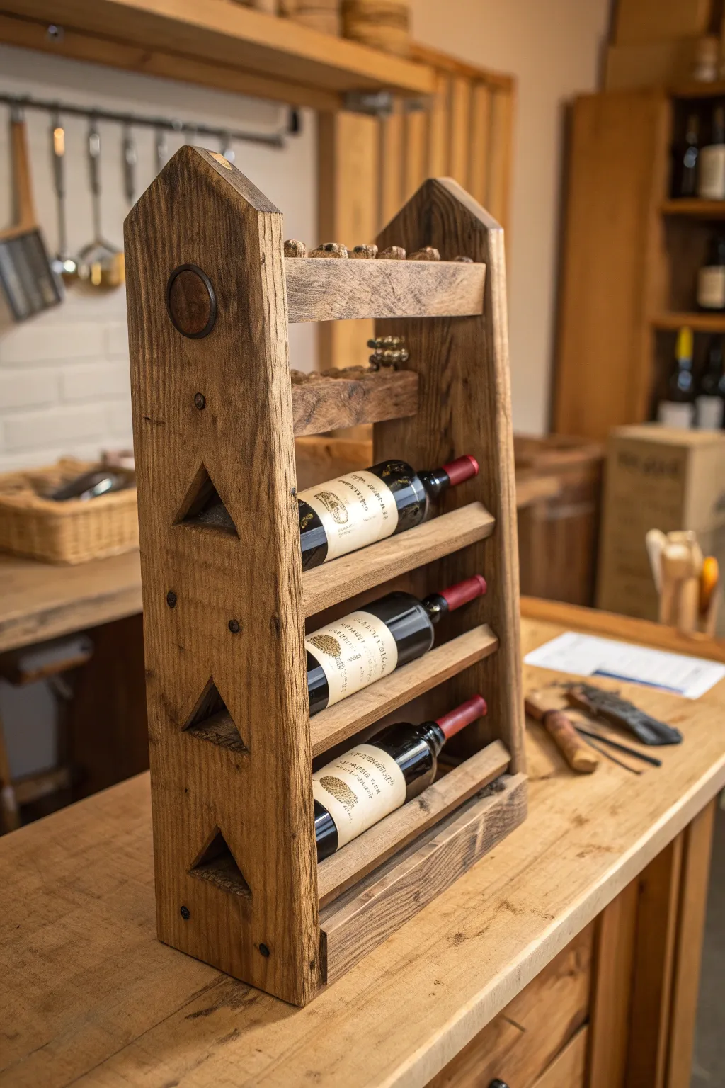 Elevate your space with a handcrafted rustic wine rack, where style meets functionality.