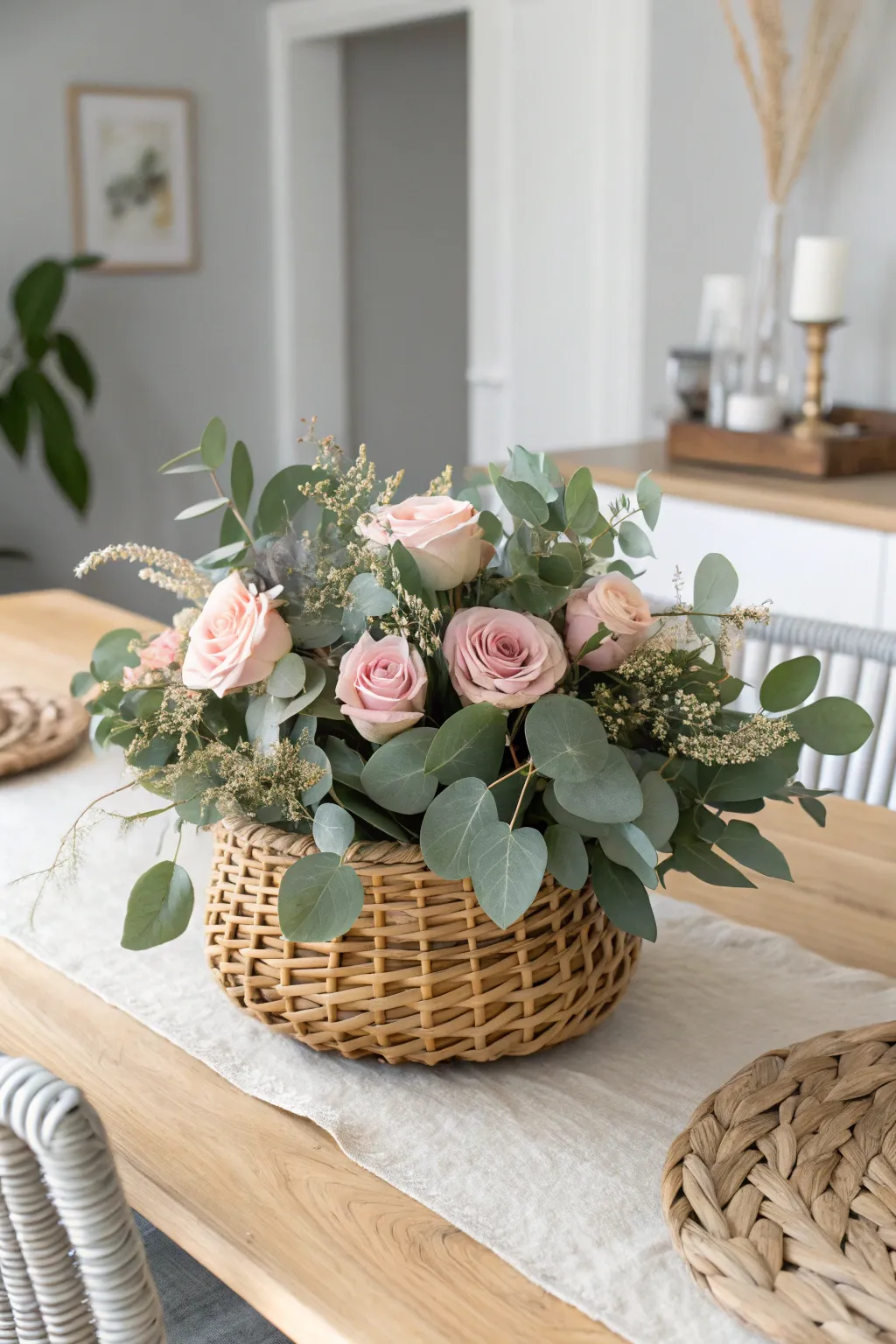 Elegance in Simplicity: A rustic woven basket centerpiece with eucalyptus and roses.