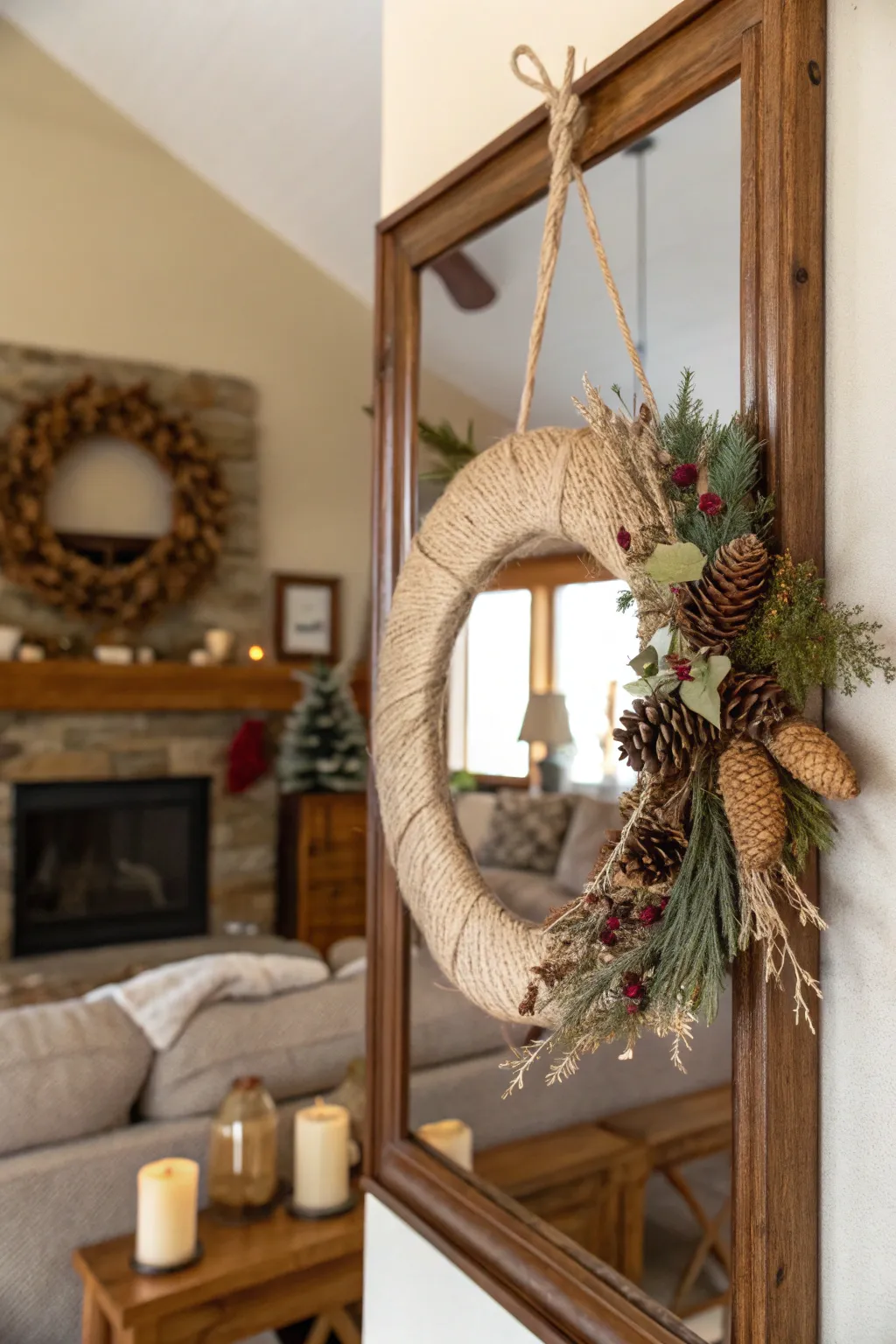 Rustic charm with a twine-suspended wreath on a mirror.