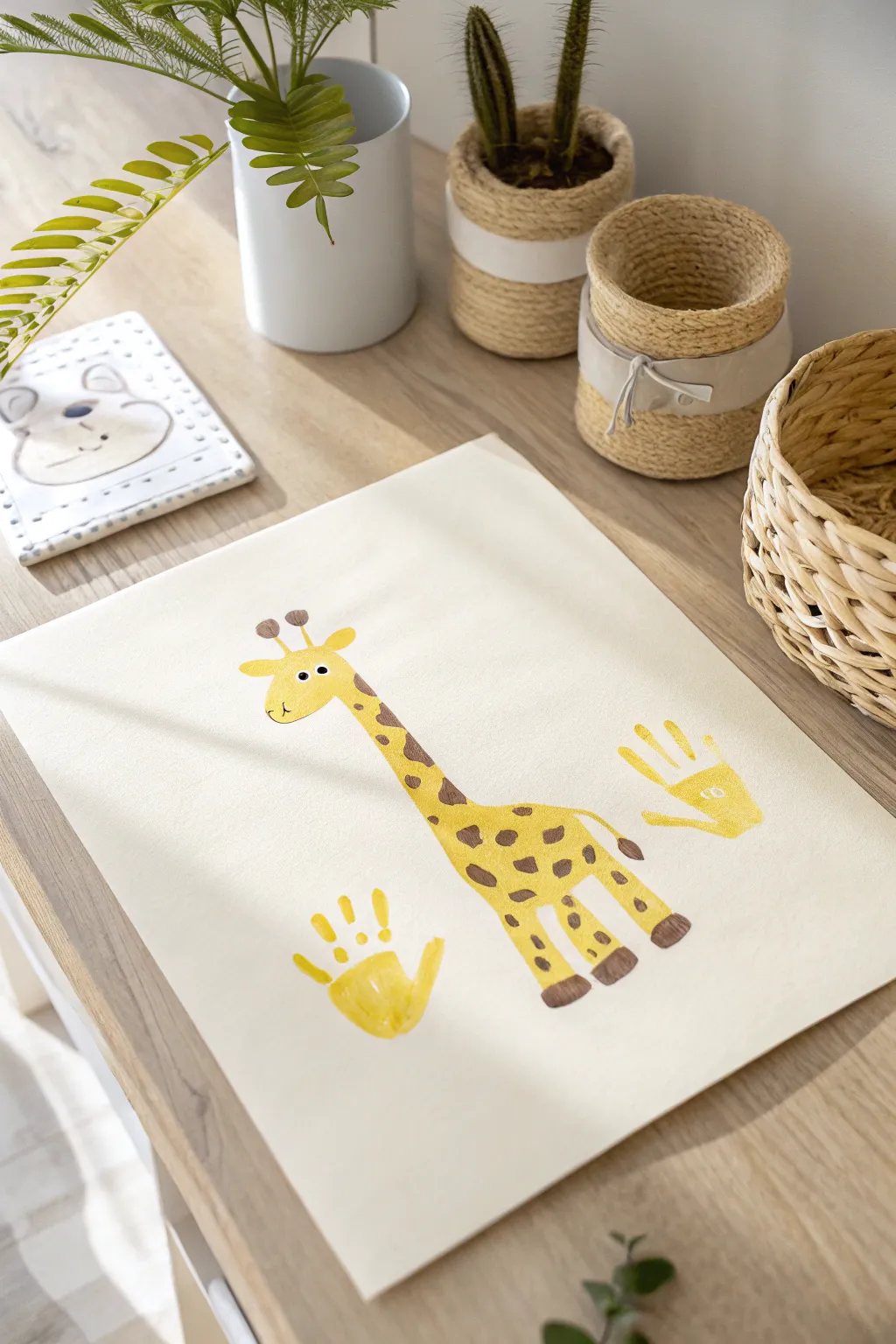 Get creative with charming giraffe handprint art—perfect for adding a playful touch to your minimalist decor!