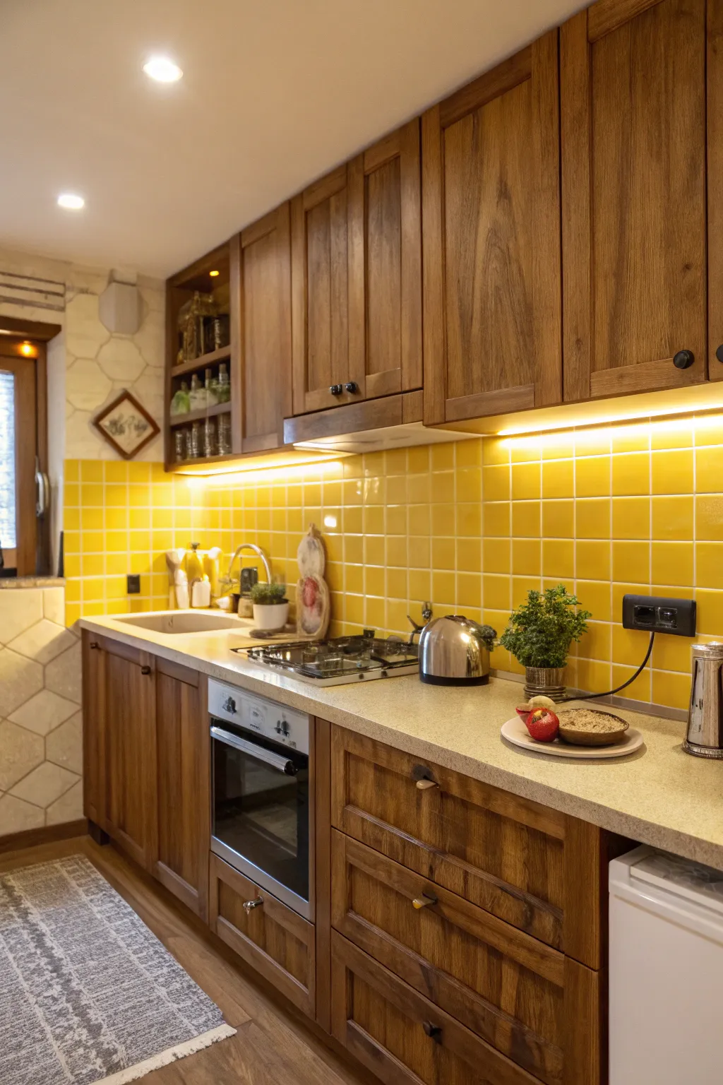 Natural wood and yellow hues blend to create a welcoming kitchen space.
