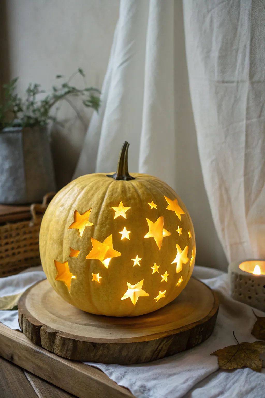 Illuminate your autumn nights with a stardust-carved pumpkin that enchants with every glow.