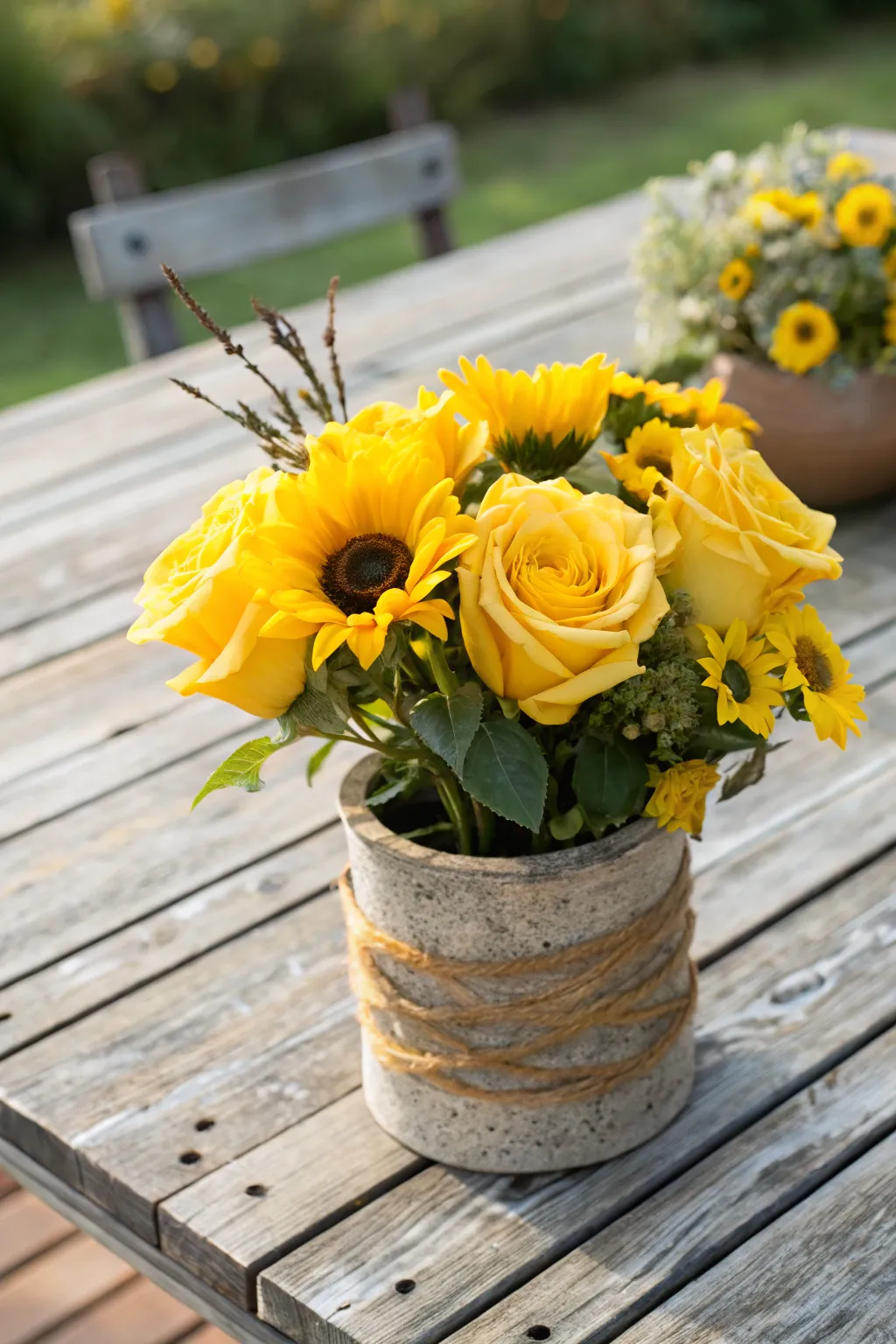 Rustic charm with sunflowers and yellow roses.
