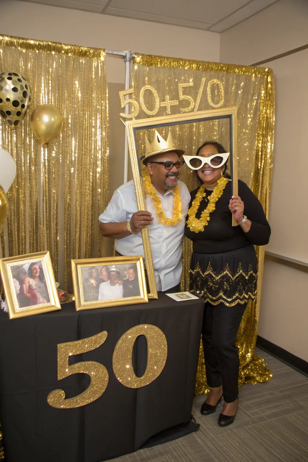 A fun DIY photo booth with gold props, capturing joyful moments.