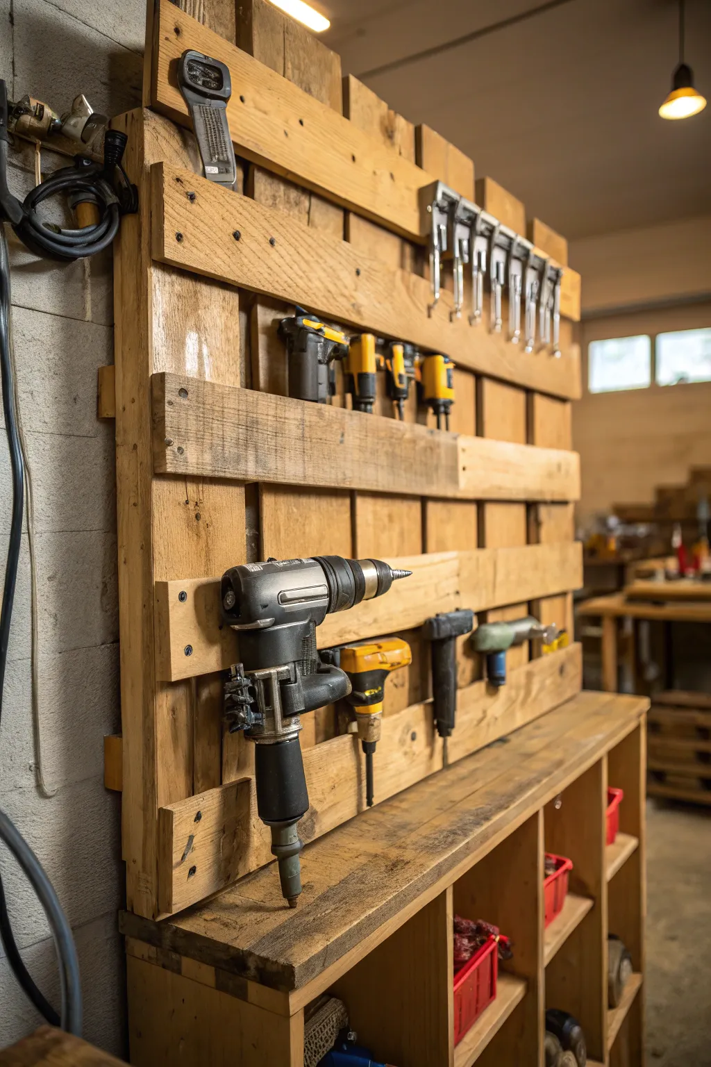 Elevate your workspace with this repurposed pallet tool wall—where functionality meets rustic charm.