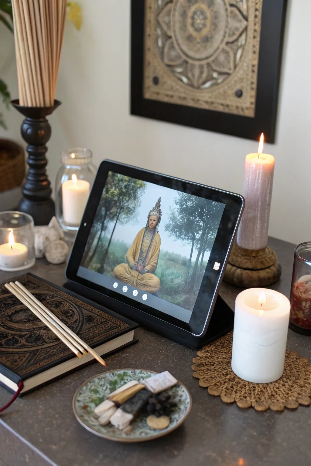 A digital altar combines technology with tradition for a modern spiritual experience.