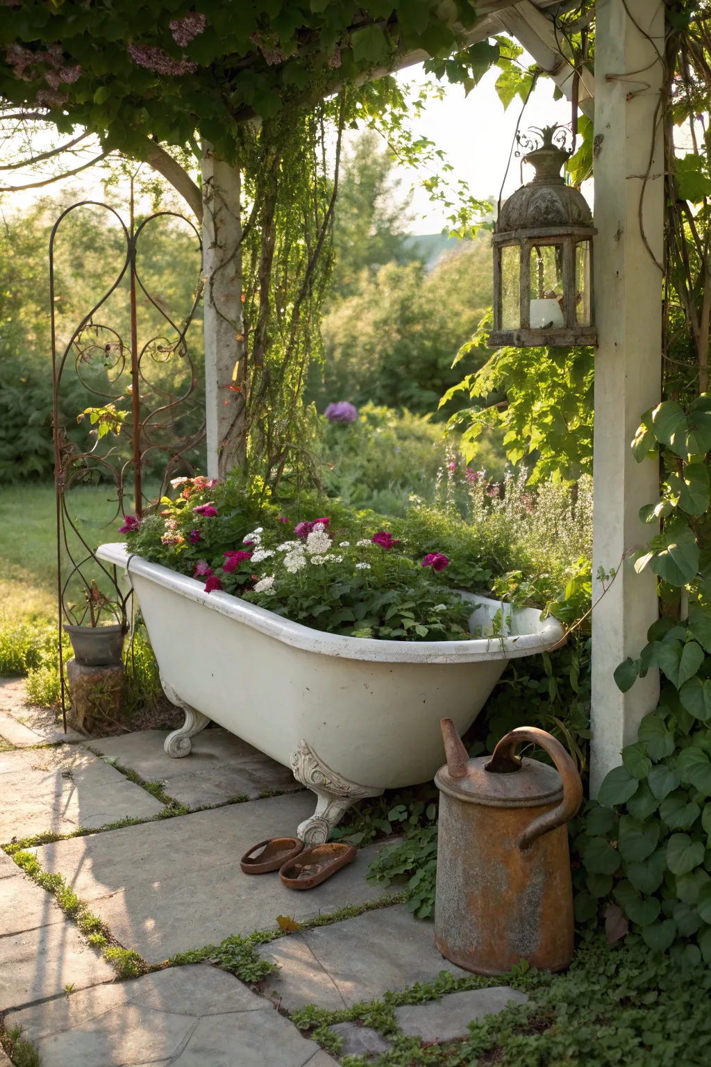 Embrace vintage charm with a bathtub planter that whispers stories of the past, adorned with rustic treasures and flourishing greenery.