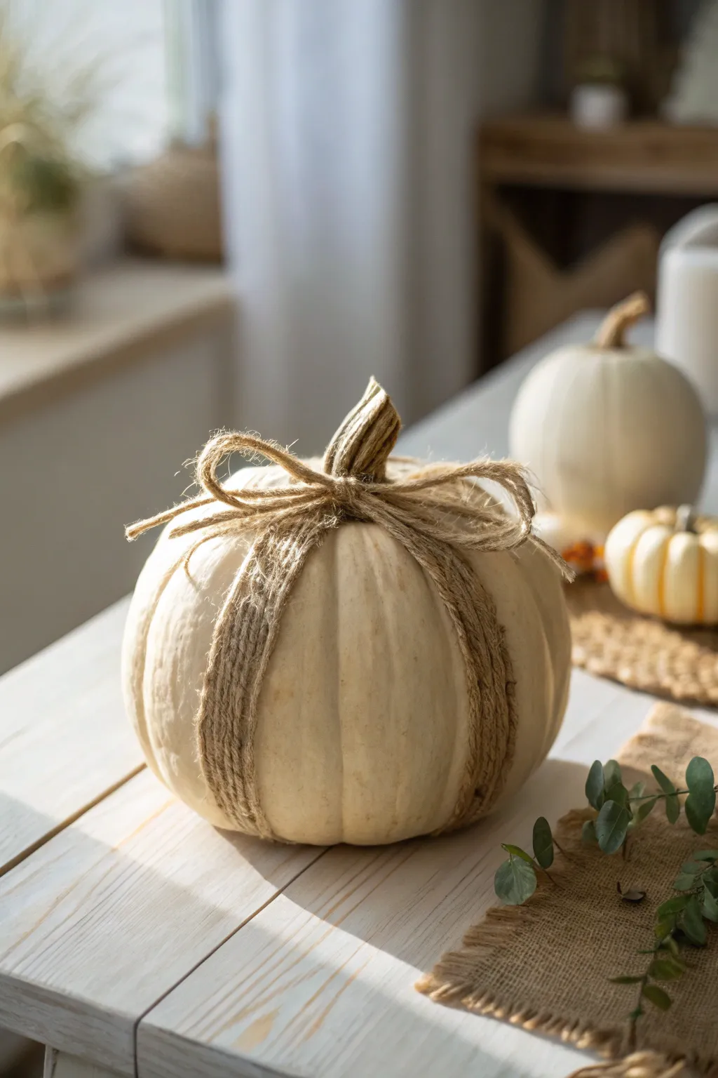 Embrace Eco-Friendly Elegance: A twine-wrapped pumpkin brings understated beauty to your autumn decor.