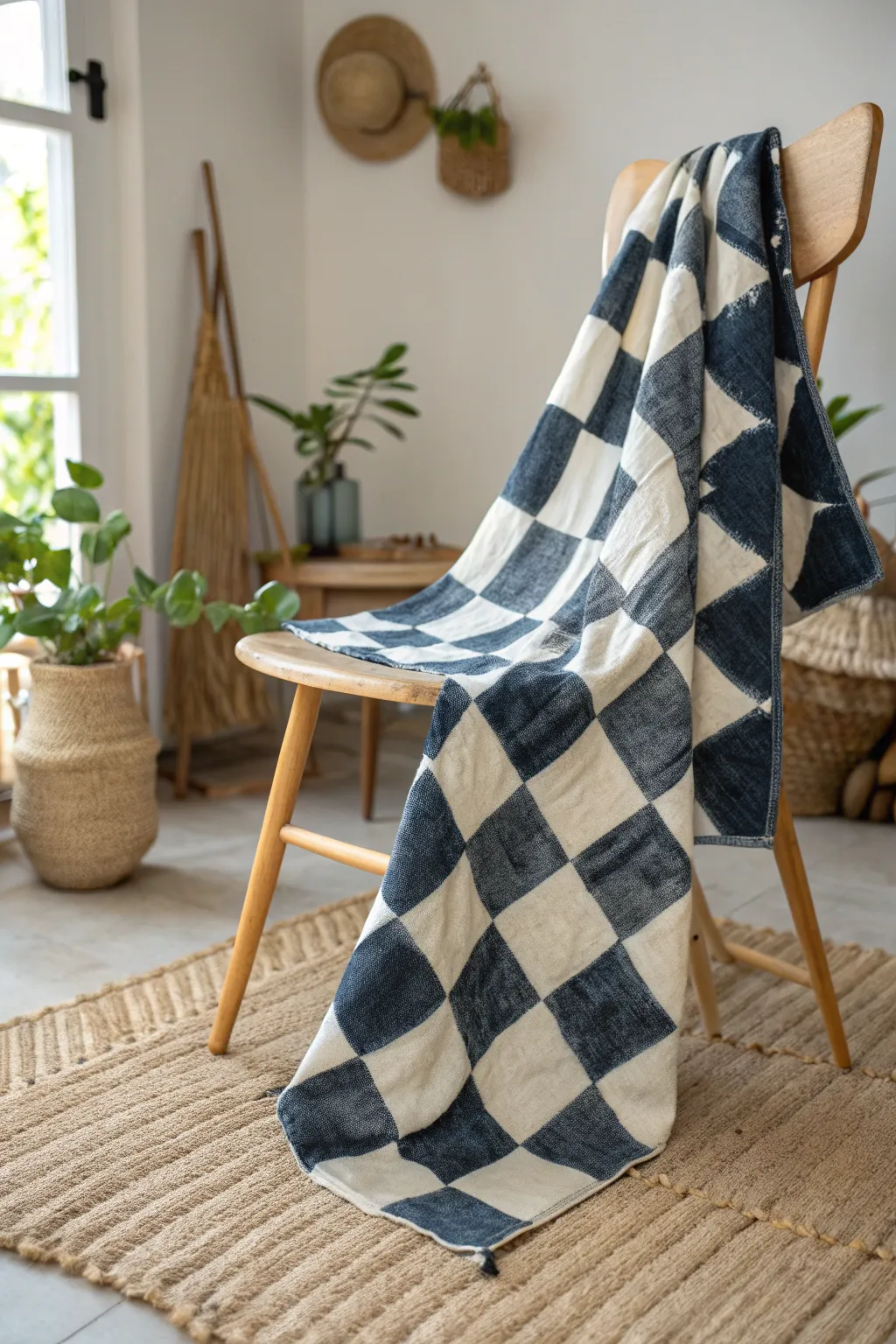 Embrace the art of simplicity with this chic checkerboard bleach tie-dye pattern, perfect for adding a touch of elegance to any minimalist space.