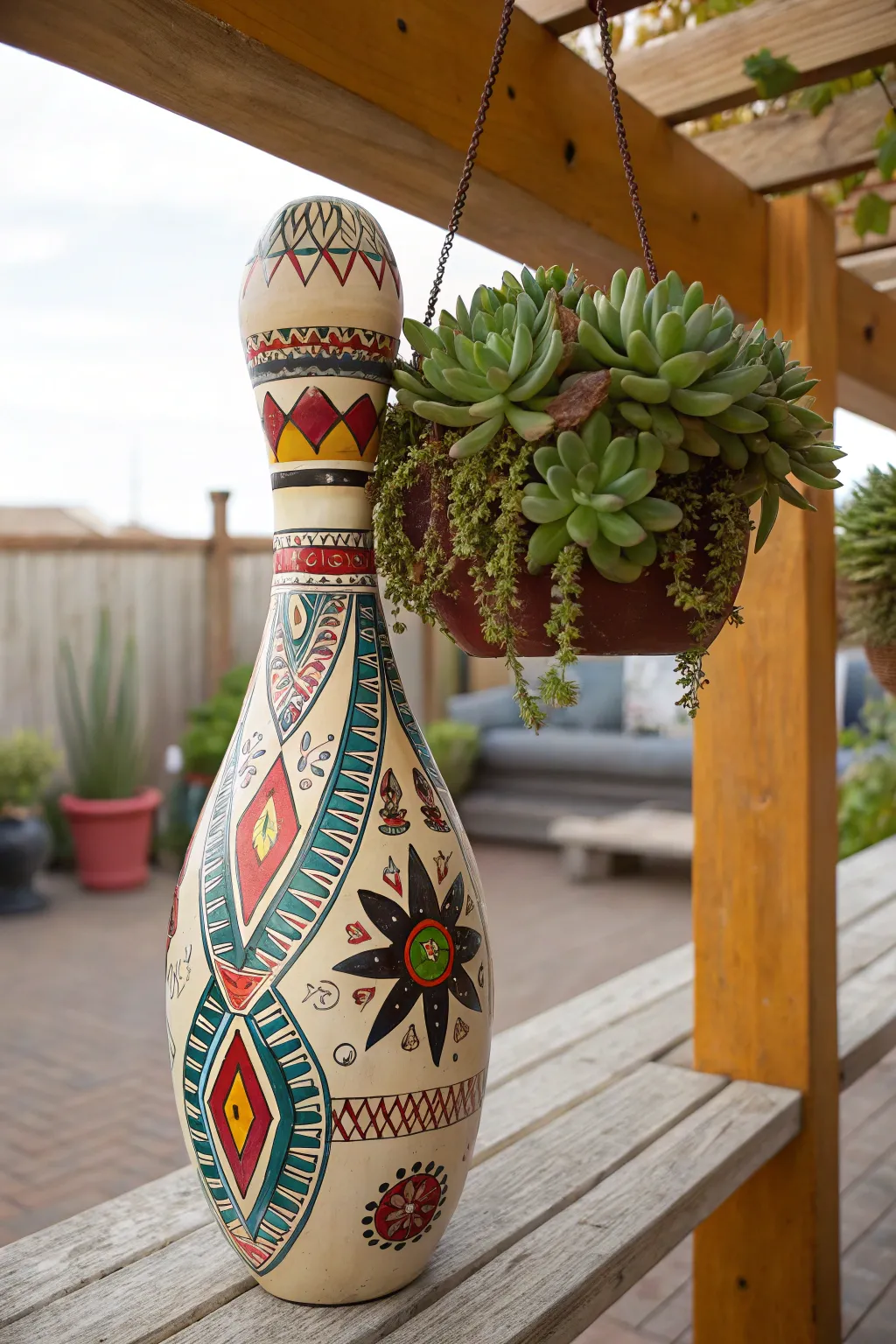 Transform your old bowling pins into stunning planters that bring life and color to your patio.