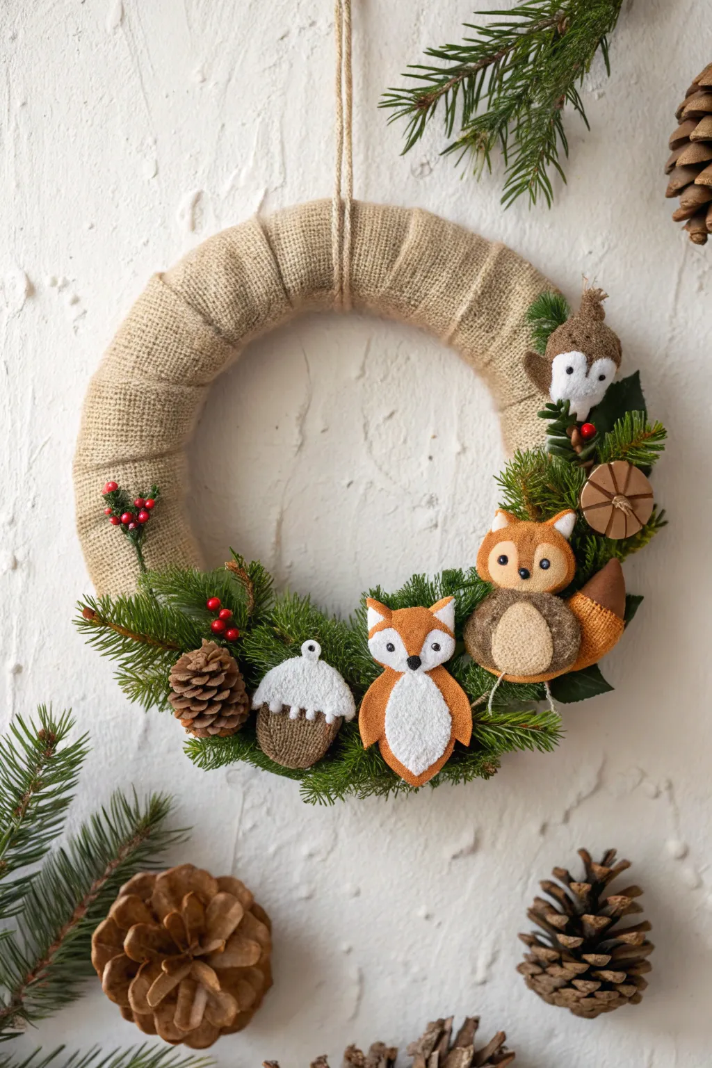 Bring woodland whimsy to your holiday decor with this charming burlap wreath.