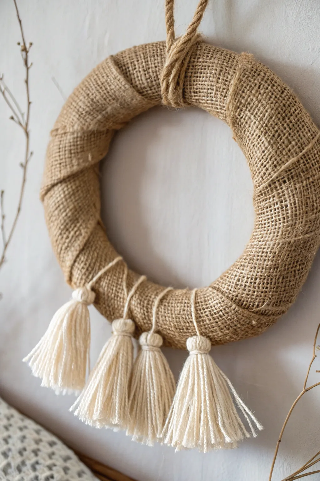 Add a boho twist to your décor with playful twine tassels on a burlap wreath.