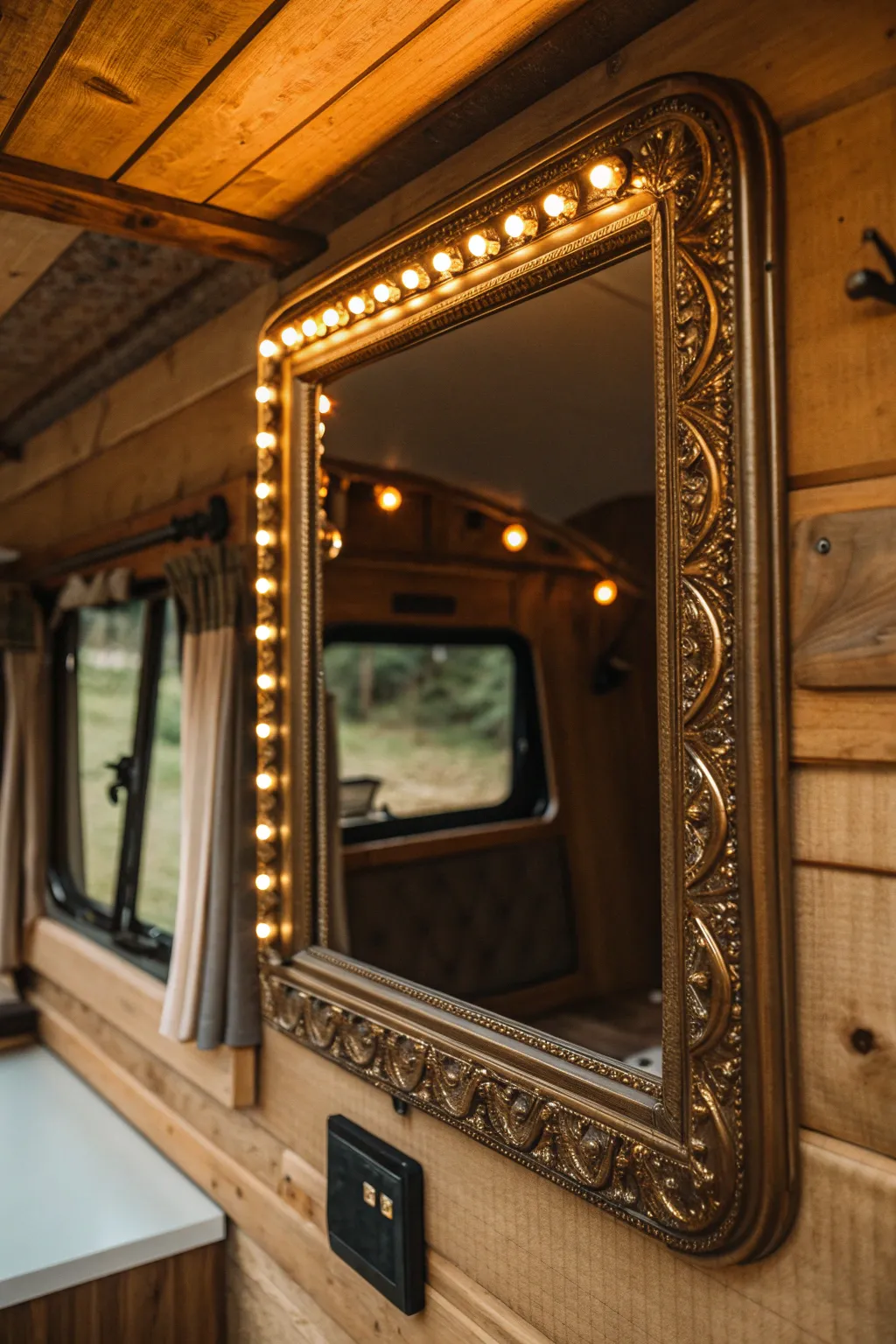 Illuminate and expand your camper space with elegant reflective surfaces.