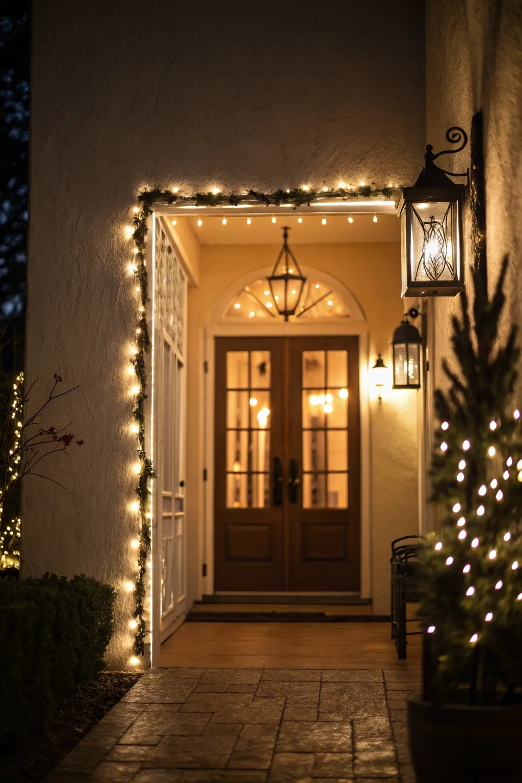 Create a warm welcome with a festively lit entryway.