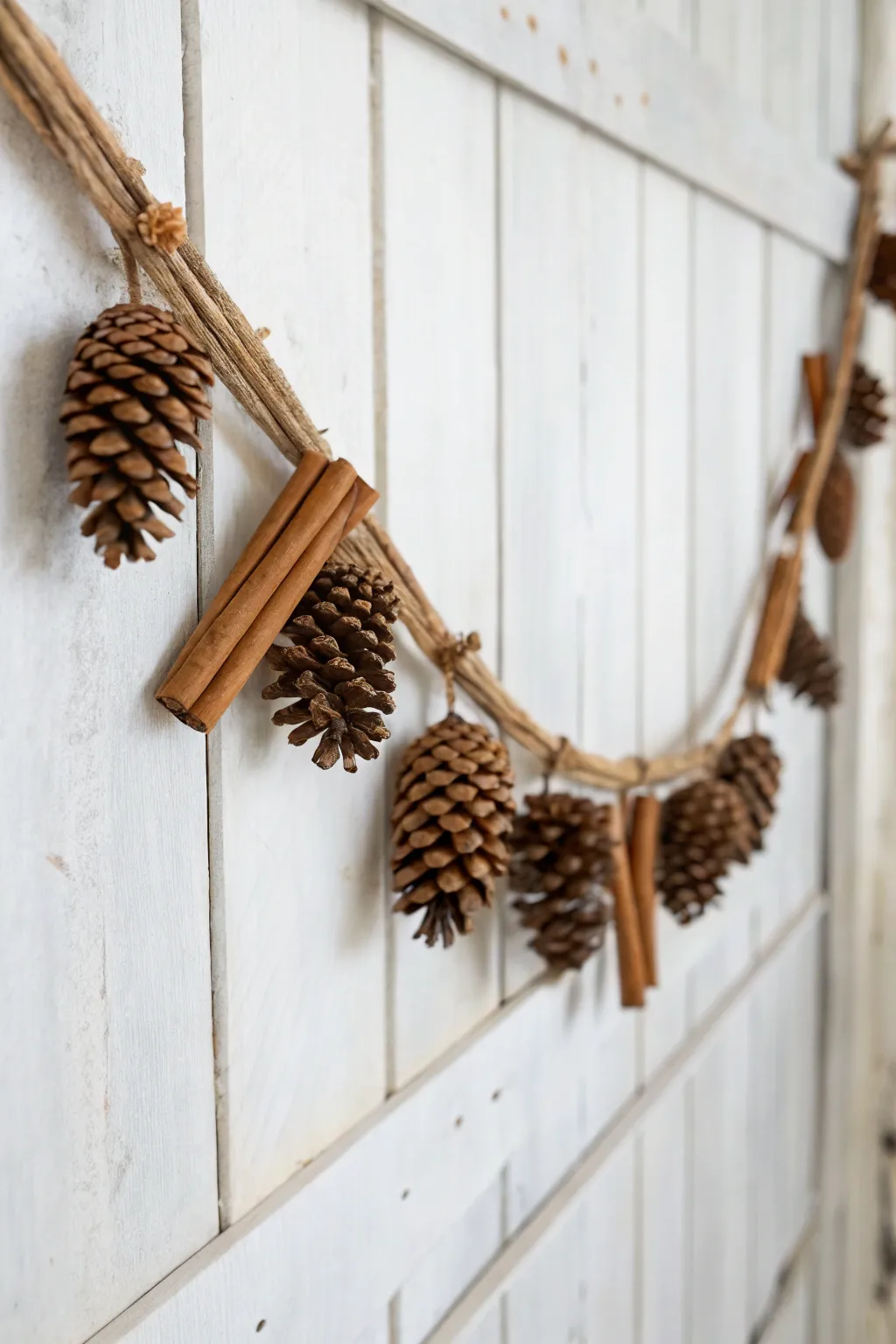 Embrace natural elegance with a cinnamon stick and pinecone garland, perfect for a cozy, minimalist aesthetic.