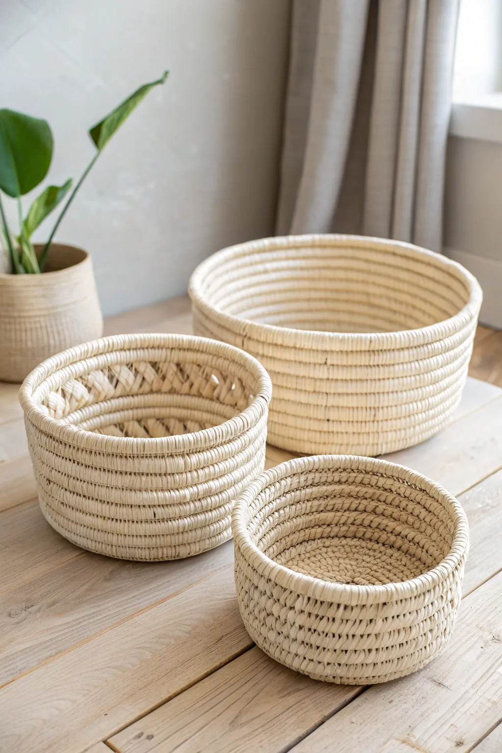 Embrace simplicity and elegance with handcrafted coil baskets in versatile sizes, perfect for any space.