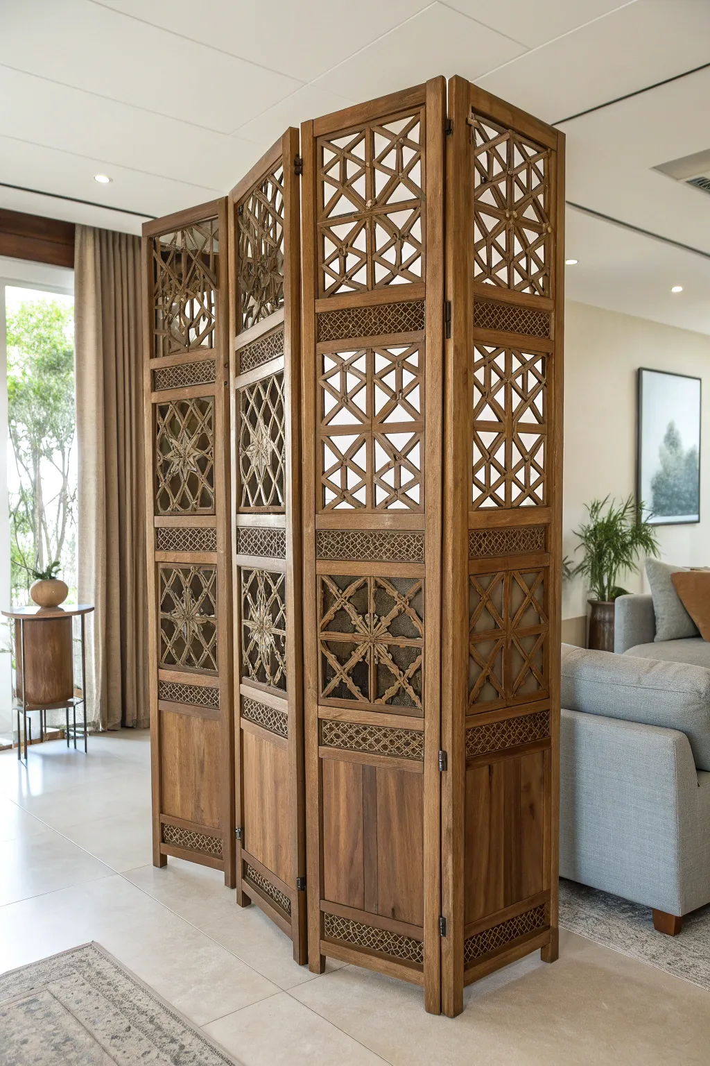 Elevate your space with an artistic wooden room divider that blends privacy with style.