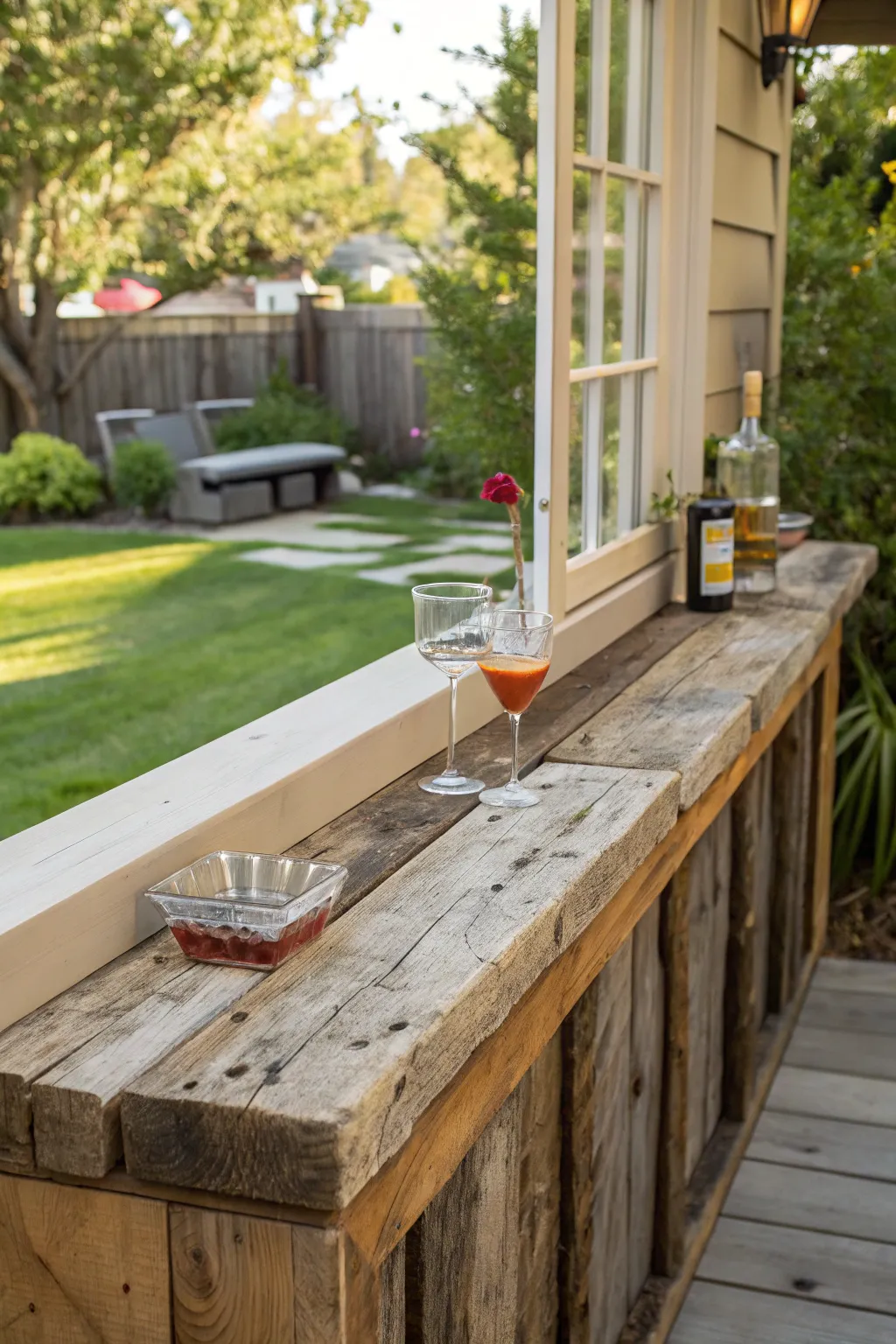 Transform your backyard with a rustic reclaimed window sill bar—where vintage charm meets outdoor elegance.