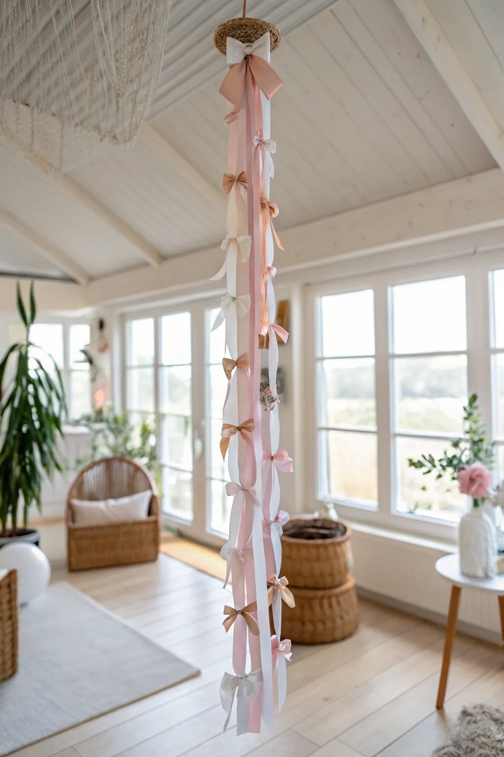 Elevate your holiday decor with minimalist charm: Festive ribbon streams to adorn your ceiling.