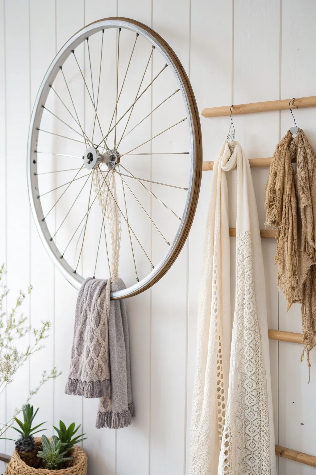 Transform your yard sale with this chic upcycled bicycle wheel rack—where minimalism meets boho charm!