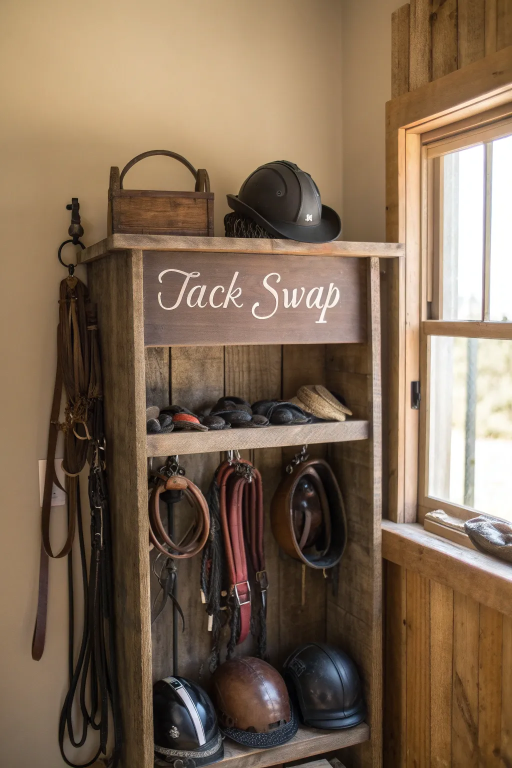 Transform your tack room with a stylish swap corner for equestrian enthusiasts.