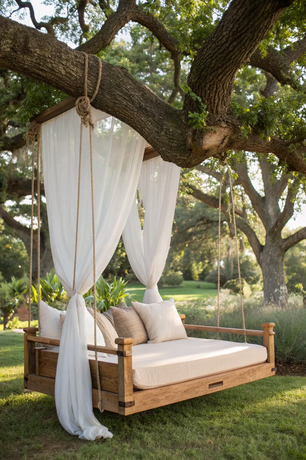 Escape to tranquility with this elegant tree swing bed, where minimalist design meets bohemian serenity.