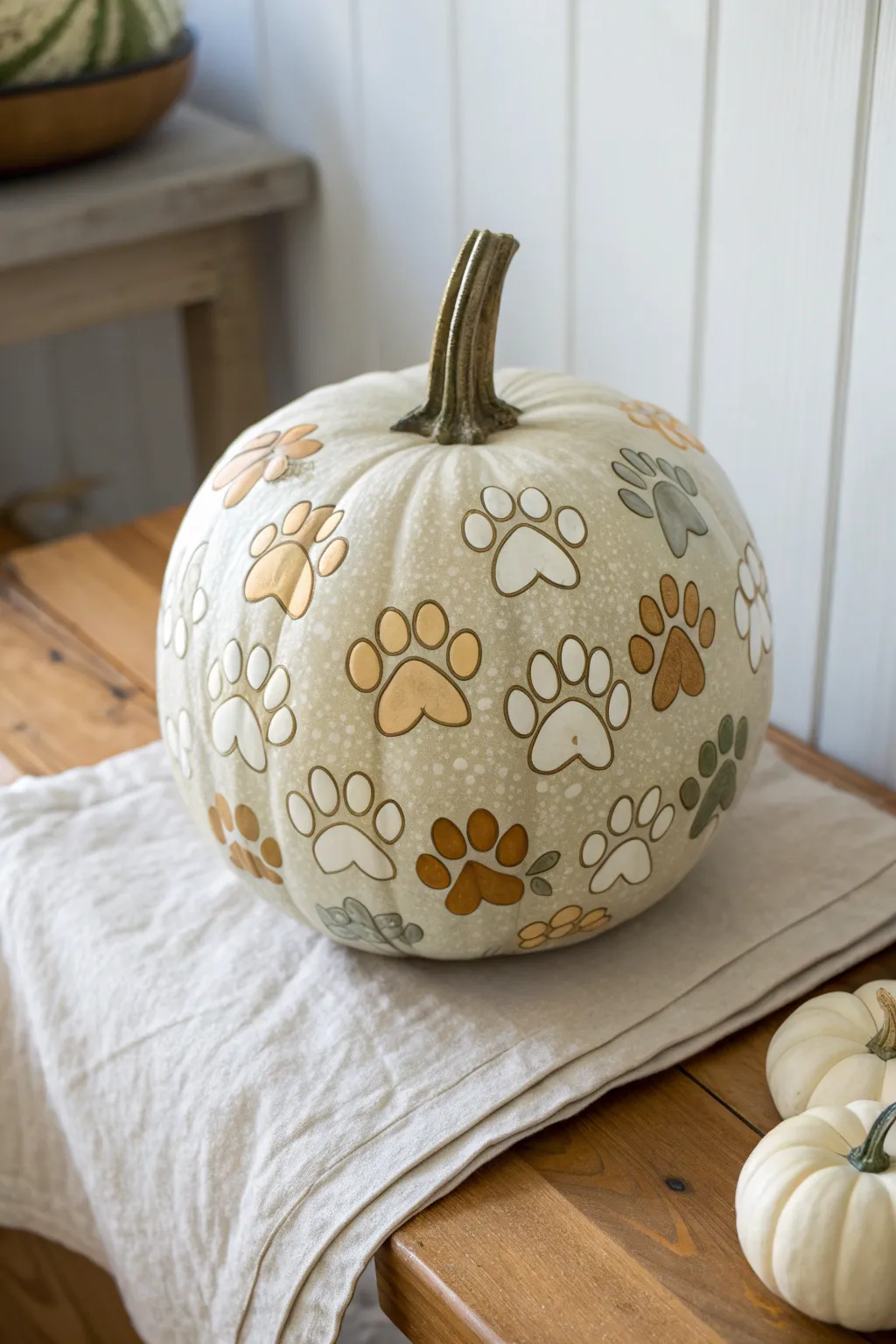 Elegance meets playfulness: A minimalist pumpkin paw print mosaic for your autumn decor.