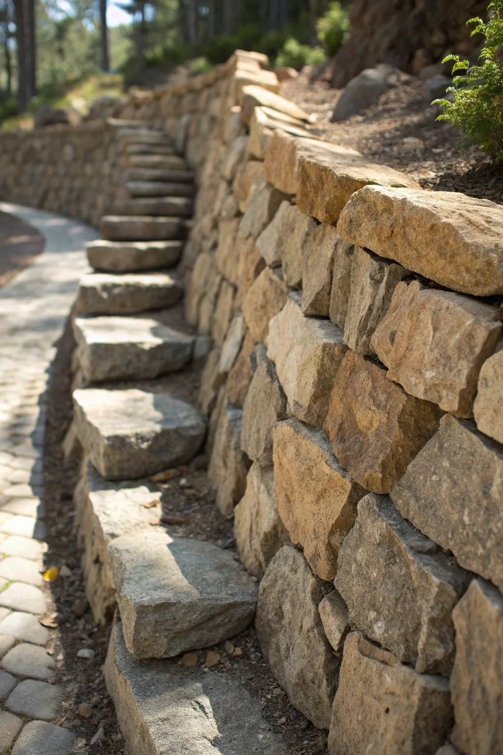 Discover the art of stone arrangement with this striking patterned retaining wall design.