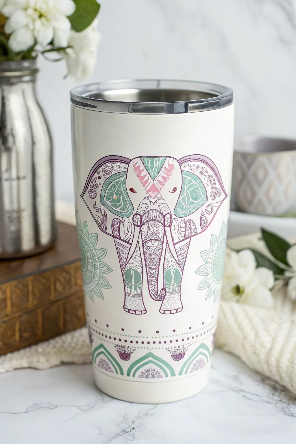 Sip serenity with our pastel elephant tumbler, where minimalist design meets boho charm.