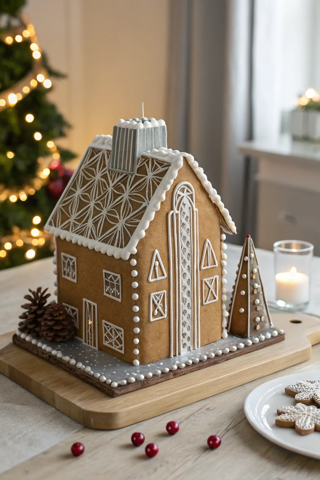 Step into the future with this stunning futuristic gingerbread cityscape, where minimalism meets sweet innovation.
