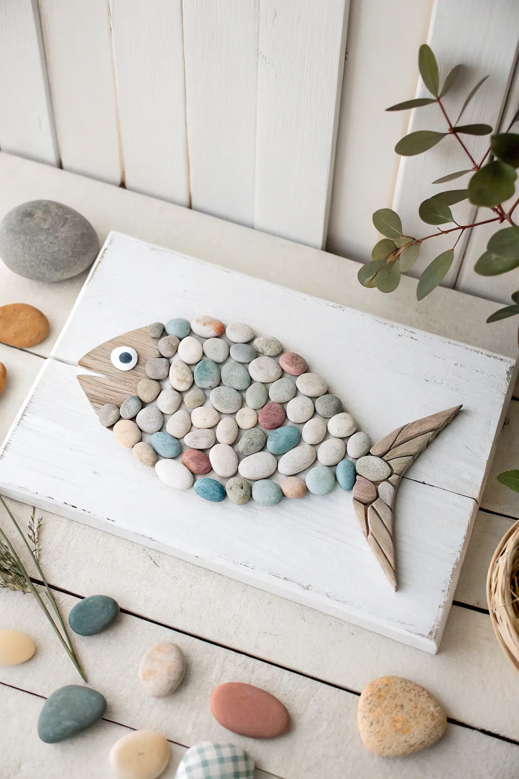 Bring the serenity of nature indoors with this beautifully crafted pebble fish art, blending Scandinavian minimalism with bohemian charm.