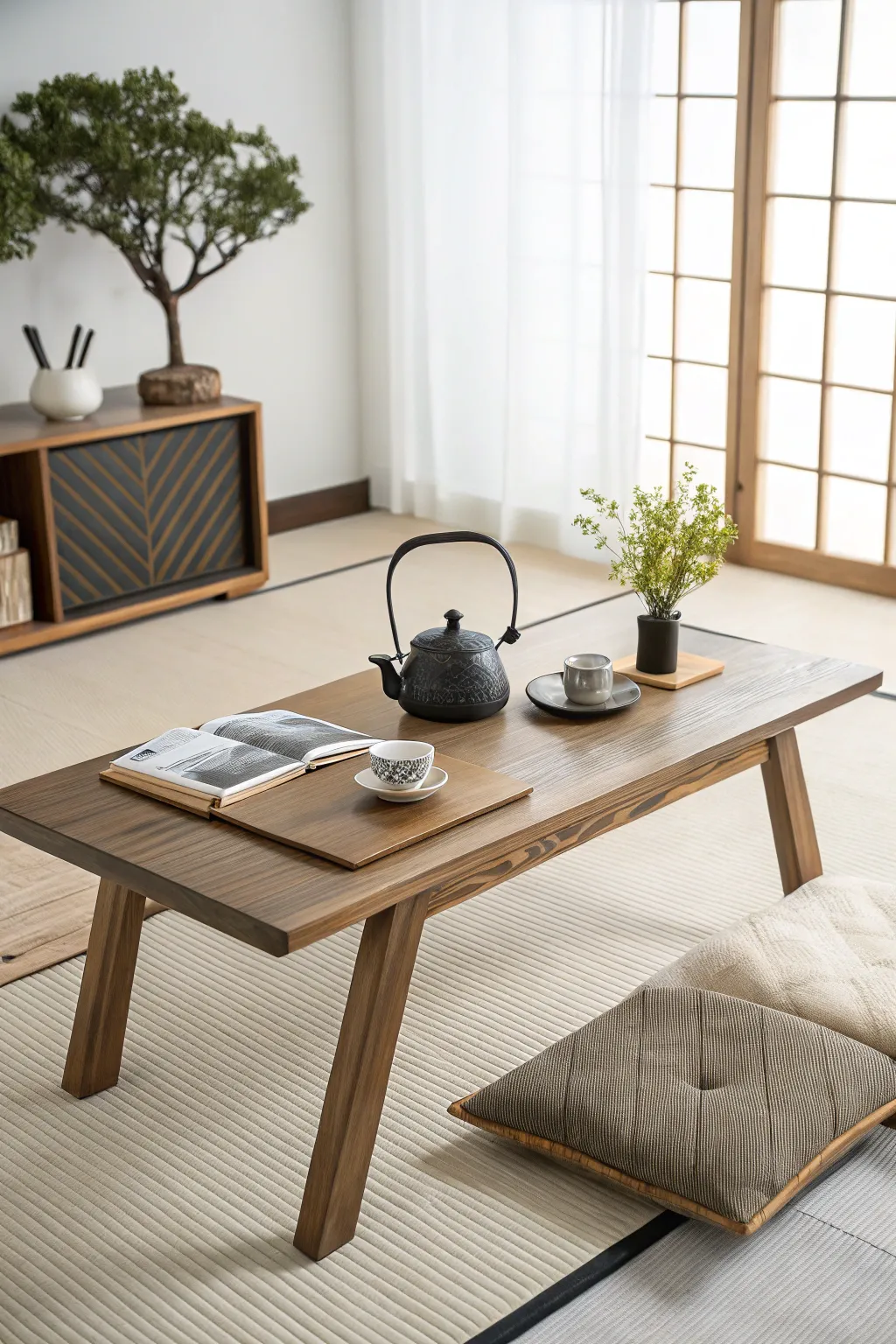A foldable Japanese floor desk that combines tradition with space-saving design.
