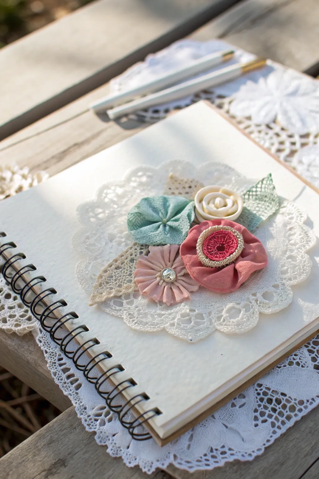 Elevate your scrapbook with the unexpected charm of lace and fabric—where creativity meets tactile elegance. 🌿✨