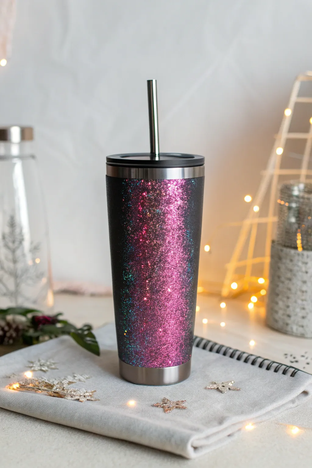 Illuminate your night with a neon glitter tumbler that steals the spotlight.