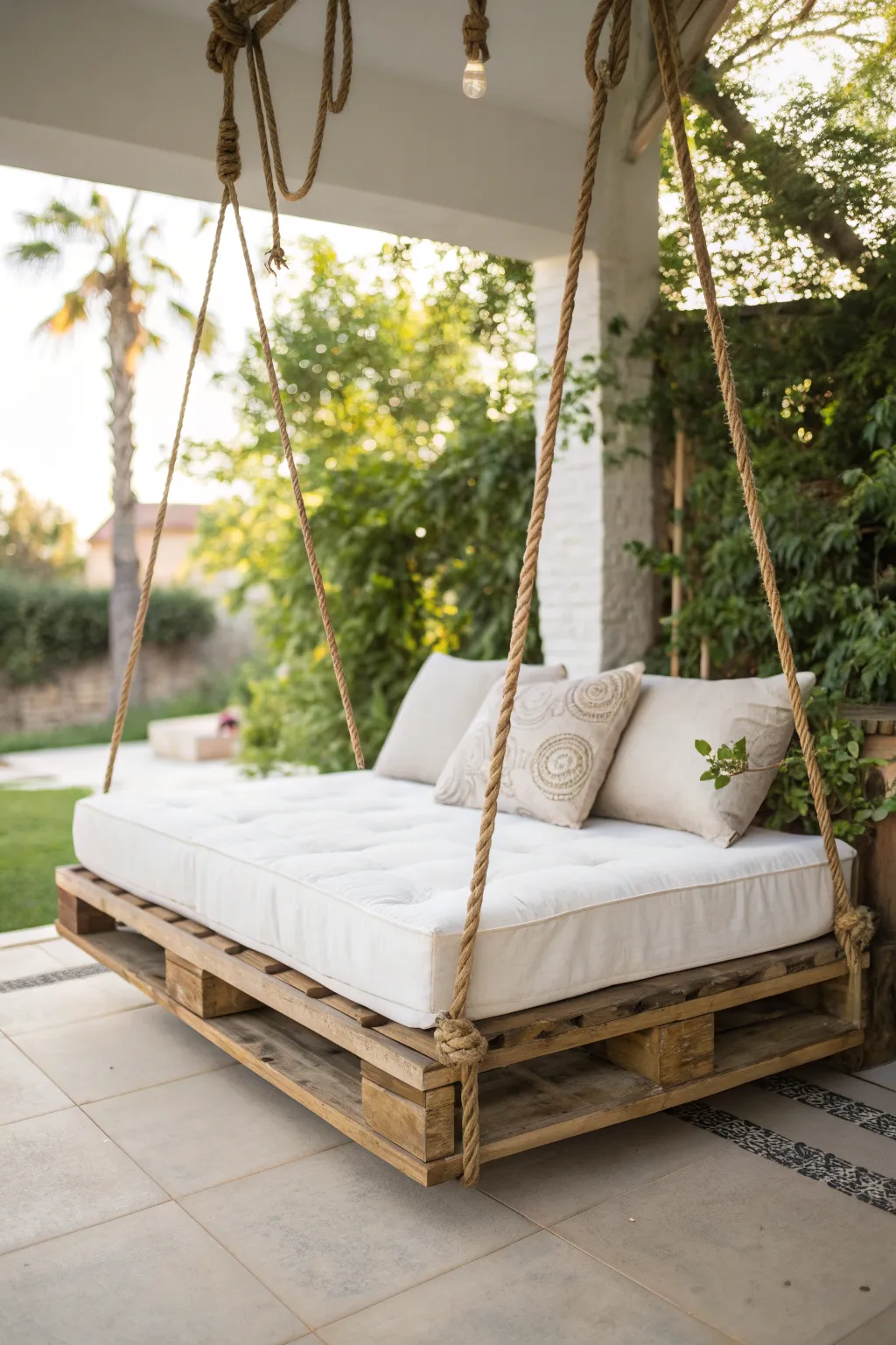 Find your serene escape with this beautifully crafted swing bed, perfect for a touch of boho elegance in your outdoor haven.