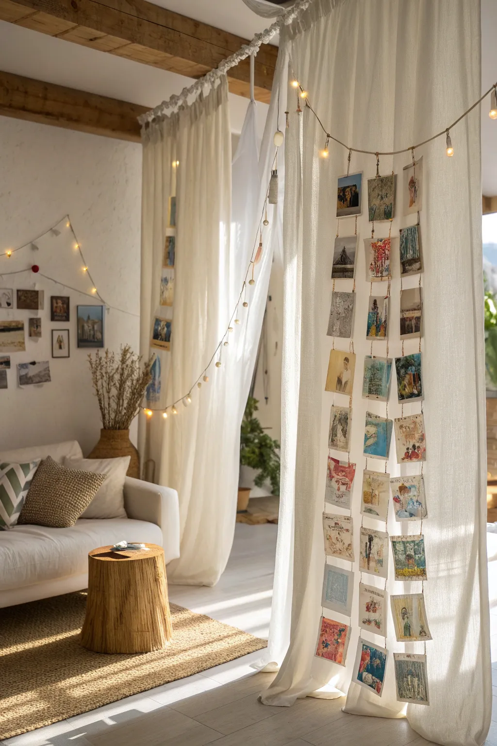 Transform your travel memories into art with a chic postcard curtain. #MinimalistBoho #ScandinavianStyle