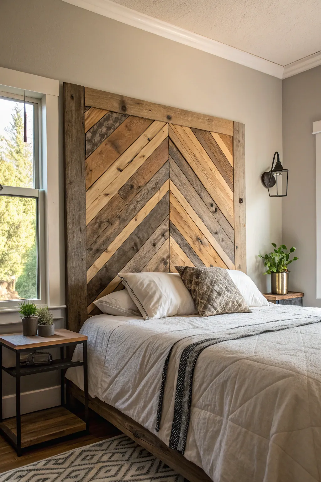 Transform your bedroom with the unique charm of a reclaimed wood headboard. 🌿✨ #ScandinavianBoho #NaturalBeauty